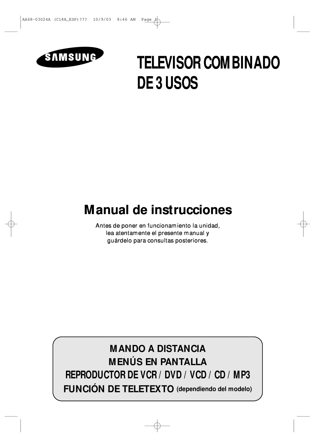 Samsung UW17J11VD5XXEF manual Mando A Distancia Menús En Pantalla, TELEVISOR COMBINADO DE 3 USOS, Manual de instrucciones 