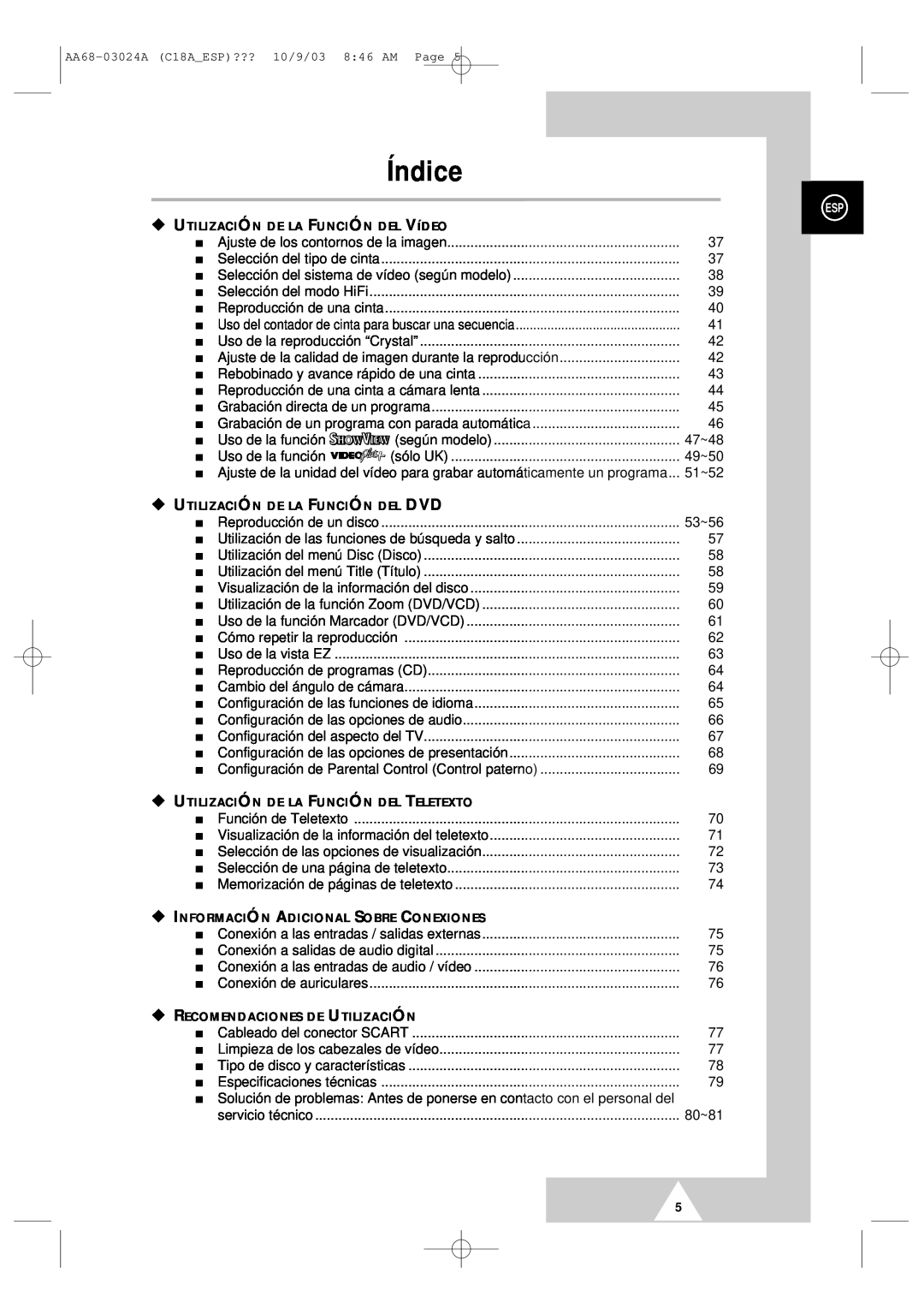 Samsung UW17J11VD5XXEF, UW17J11VD5XXEC manual Índice, UTILIZACIÓN DE LA FUNCIÓN DEL VíDEO, Utilización De La Función Del Dvd 