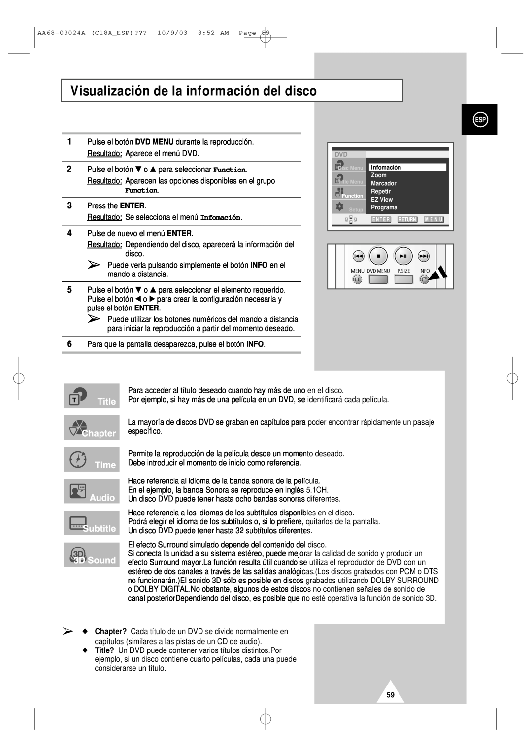 Samsung UW17J11VD5XXEF, UW17J11VD5XXEC manual Visualización de la información del disco, Function 