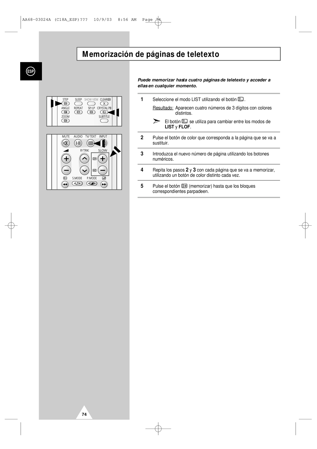 Samsung UW17J11VD5XXEC, UW17J11VD5XXEF manual Memorización de páginas de teletexto, LIST y FLOF 