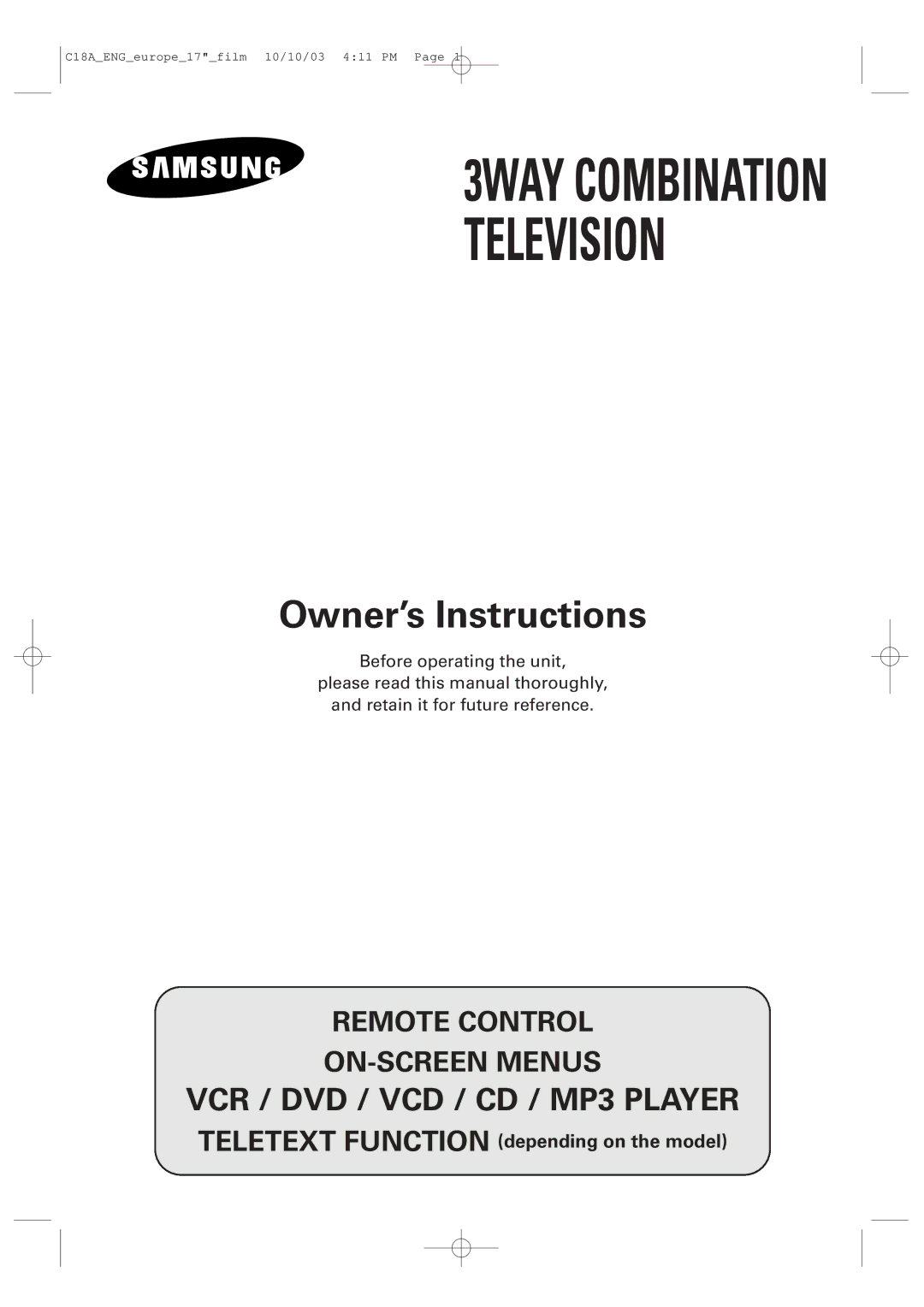 Samsung UW17J11VD5XXEC, UW17J11VD5XXEG, UW17J11VD5XXEF, UW17J11VD5XXEU manual Owner’s Instructions 