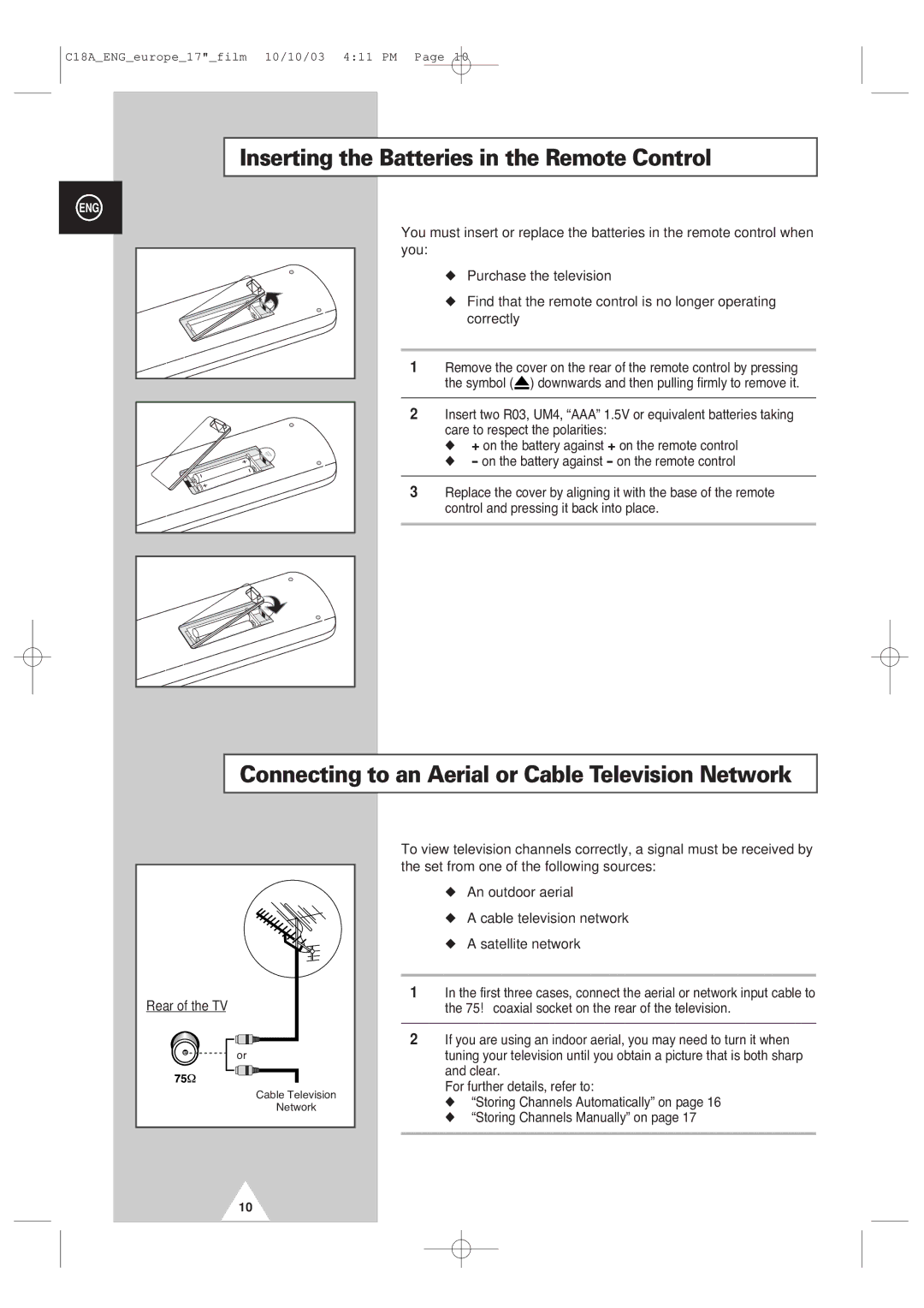 Samsung UW17J11VD5XXEF Inserting the Batteries in the Remote Control, Connecting to an Aerial or Cable Television Network 