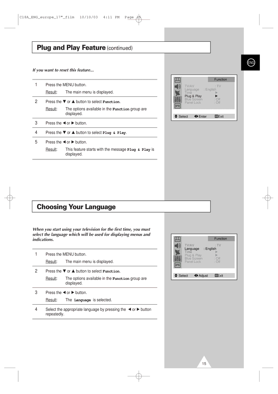 Samsung UW17J11VD5XXEU, UW17J11VD5XXEG, UW17J11VD5XXEC manual Choosing Your Language, If you want to reset this feature 