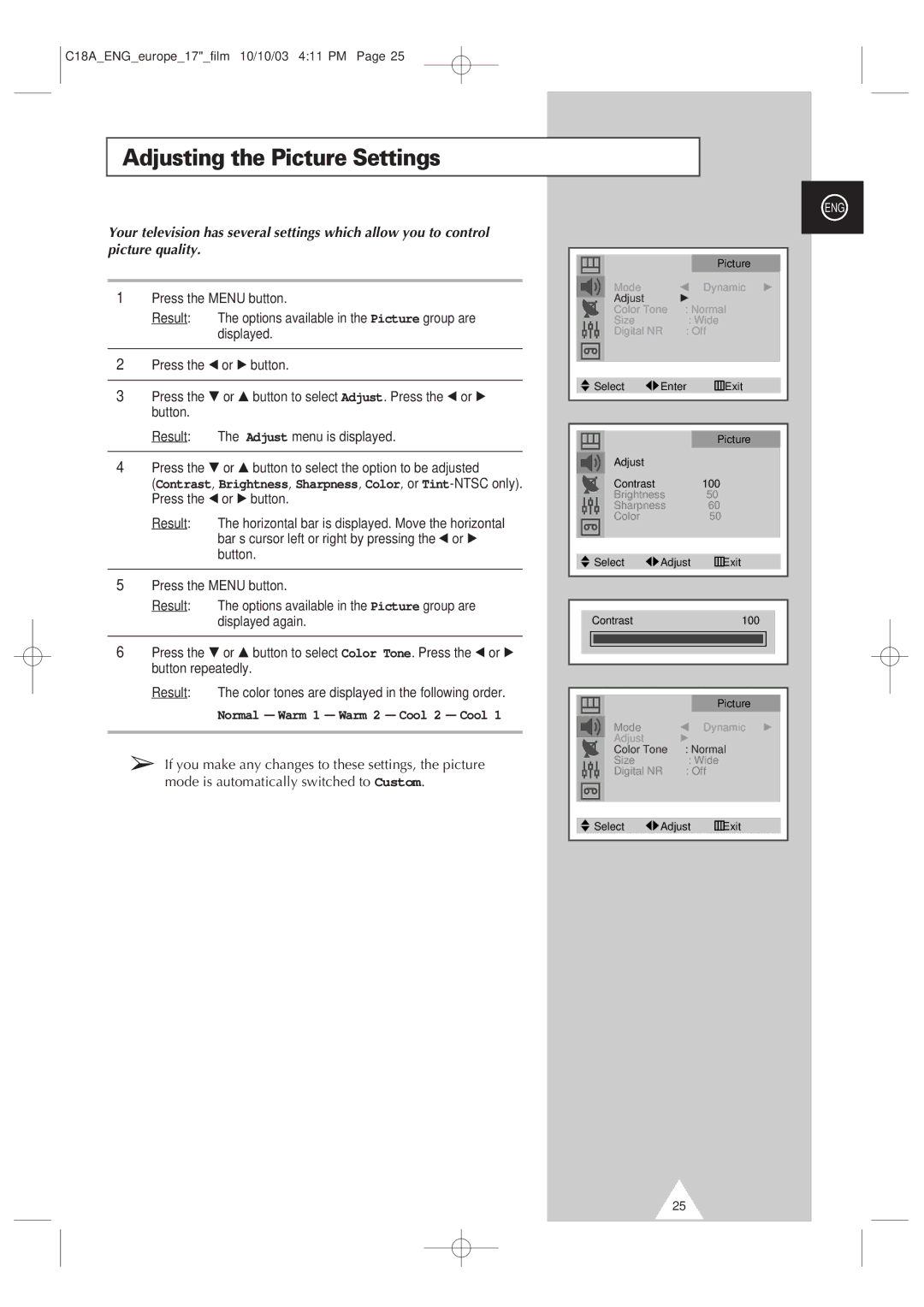 Samsung UW17J11VD5XXEC, UW17J11VD5XXEG, UW17J11VD5XXEF Adjusting the Picture Settings, Normal Warm 1 Warm 2 Cool 2 Cool 