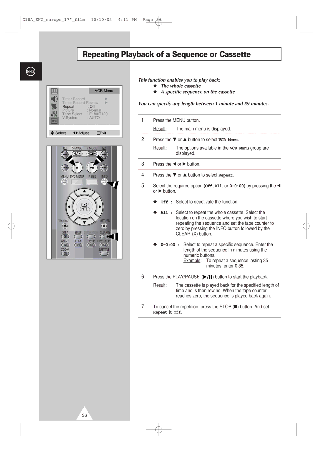 Samsung UW17J11VD5XXEG, UW17J11VD5XXEC, UW17J11VD5XXEF manual Repeating Playback of a Sequence or Cassette, Repeat to Off 