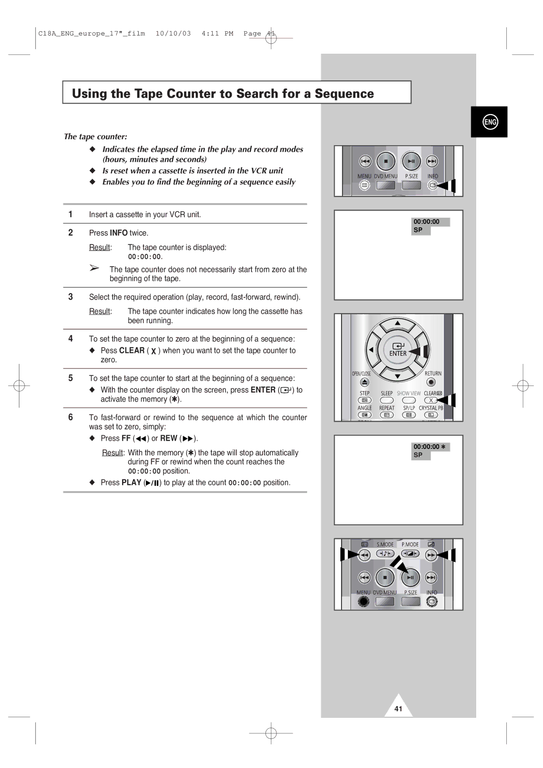 Samsung UW17J11VD5XXEC, UW17J11VD5XXEG, UW17J11VD5XXEF manual Using the Tape Counter to Search for a Sequence, 000000 