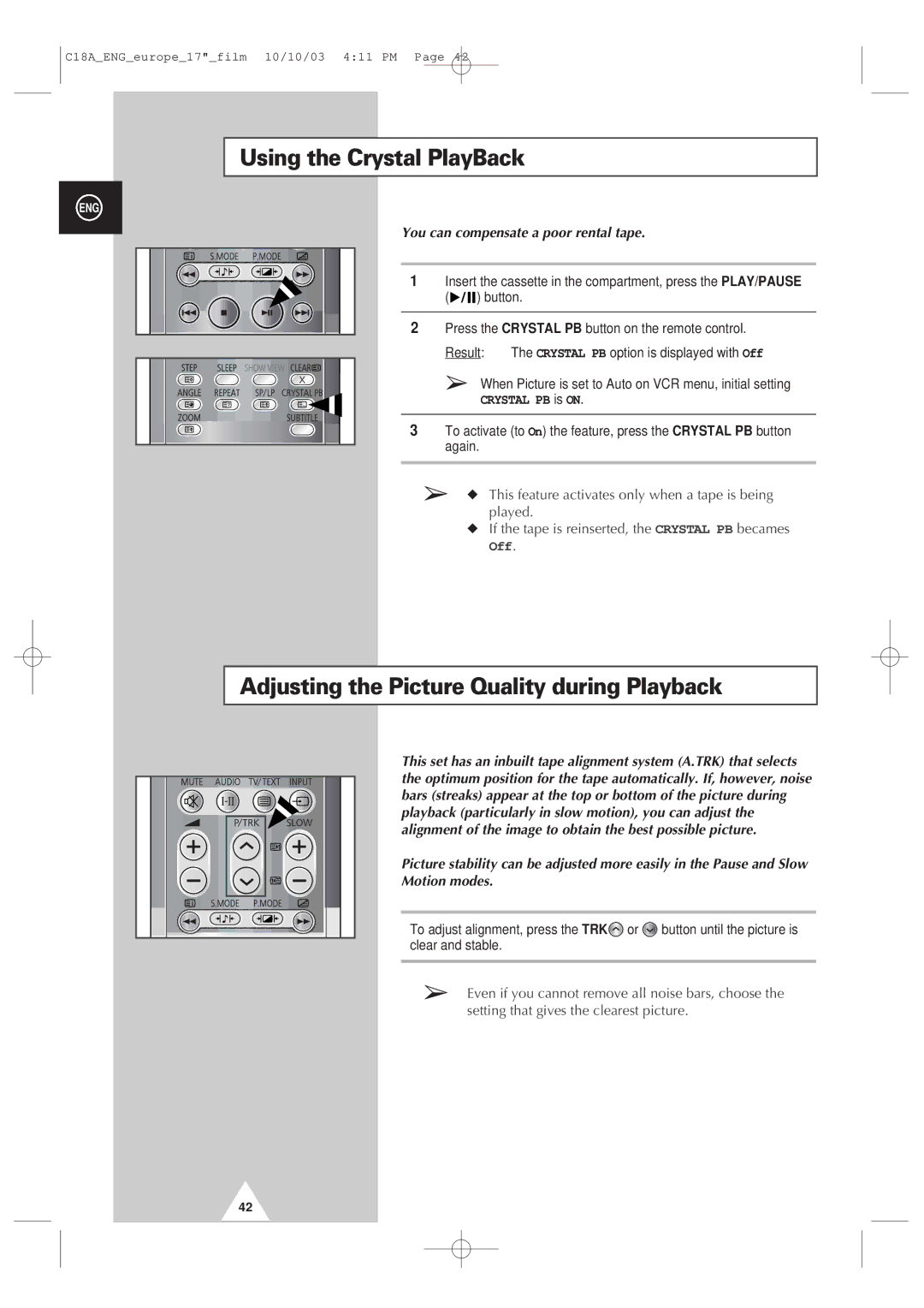 Samsung UW17J11VD5XXEF, UW17J11VD5XXEG manual Using the Crystal PlayBack, Adjusting the Picture Quality during Playback 