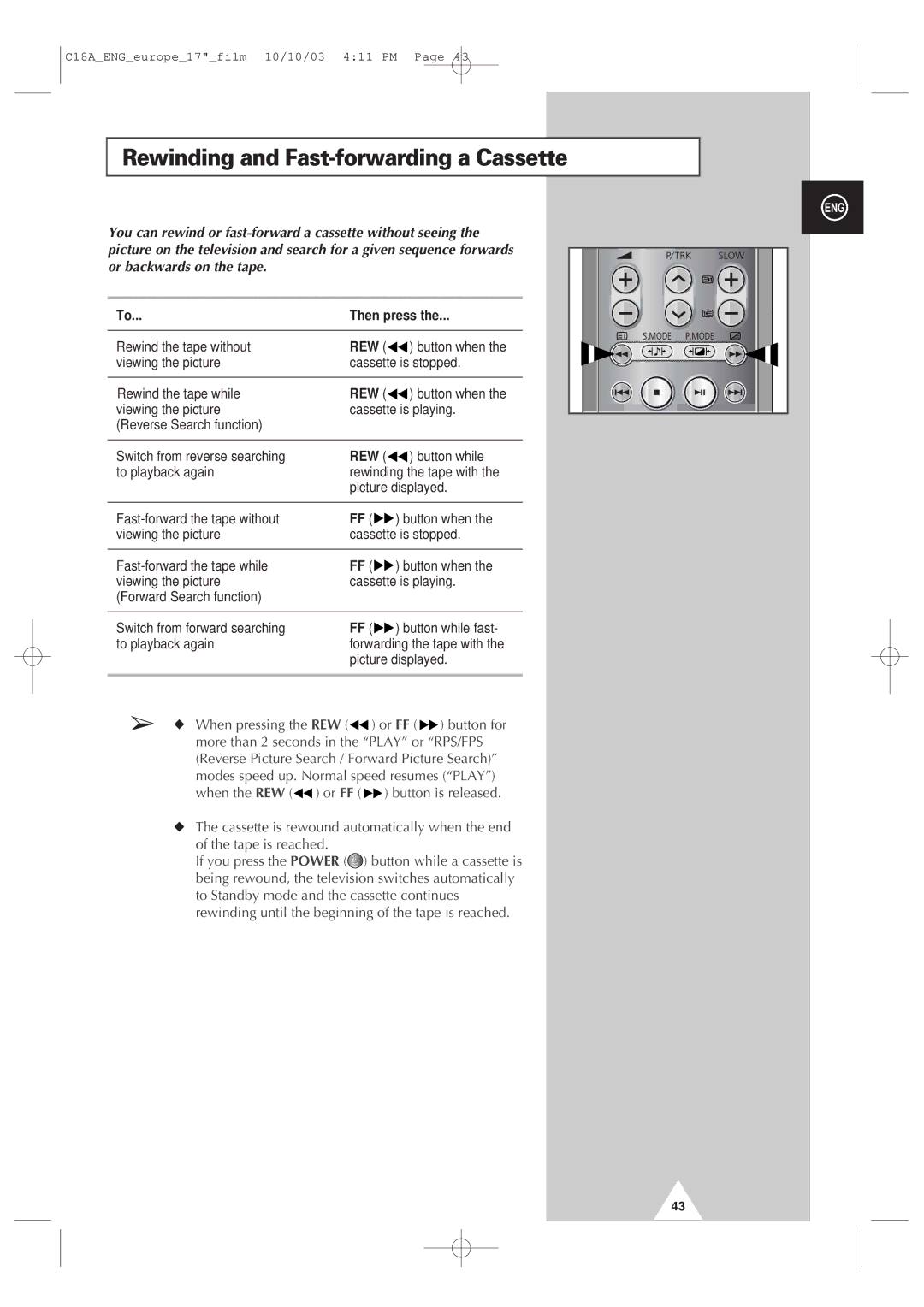 Samsung UW17J11VD5XXEU, UW17J11VD5XXEG, UW17J11VD5XXEC, UW17J11VD5XXEF Rewinding and Fast-forwarding a Cassette, Then press 