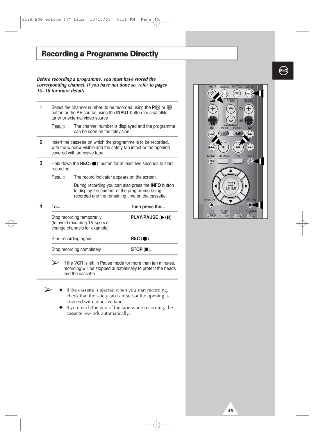 Samsung UW17J11VD5XXEC, UW17J11VD5XXEG, UW17J11VD5XXEF, UW17J11VD5XXEU manual Recording a Programme Directly, Stop 