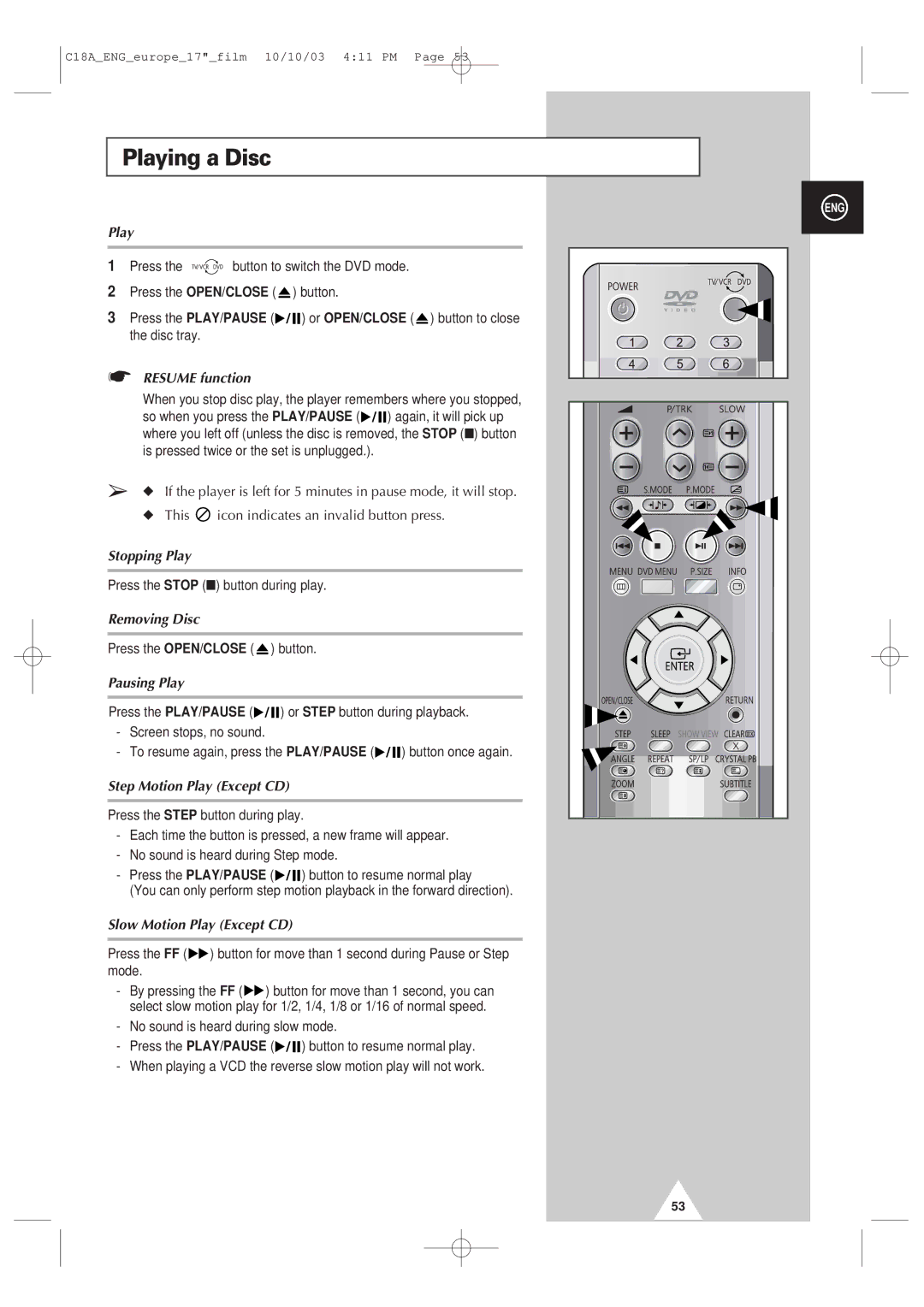 Samsung UW17J11VD5XXEC, UW17J11VD5XXEG, UW17J11VD5XXEF, UW17J11VD5XXEU manual Playing a Disc 