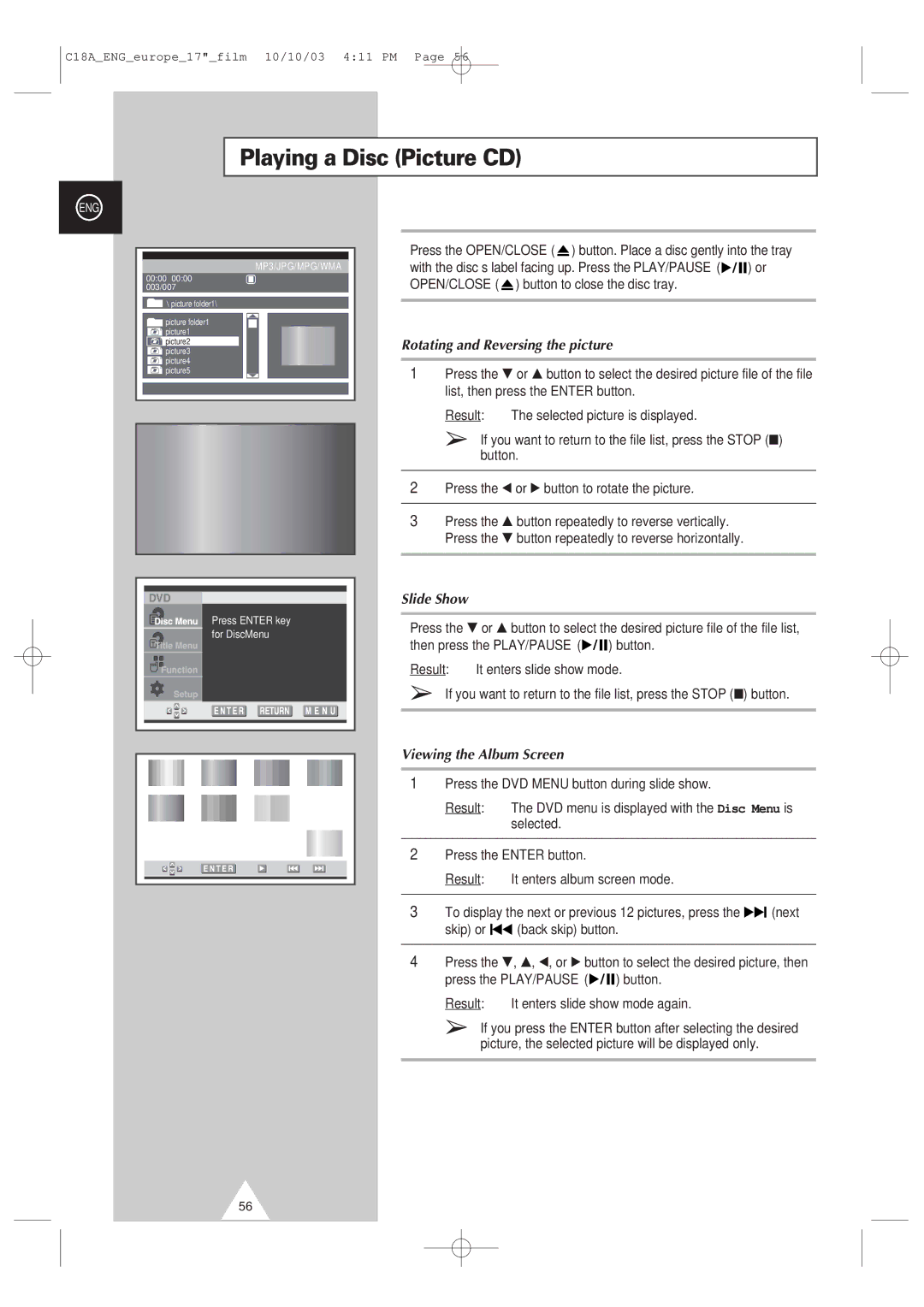 Samsung UW17J11VD5XXEG Playing a Disc Picture CD, Rotating and Reversing the picture, Slide Show, Viewing the Album Screen 