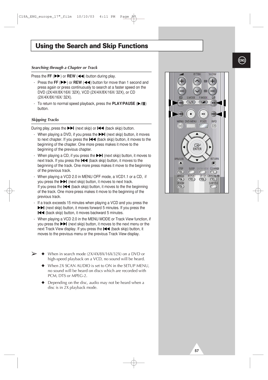 Samsung UW17J11VD5XXEC manual Using the Search and Skip Functions, Searching through a Chapter or Track, Skipping Tracks 