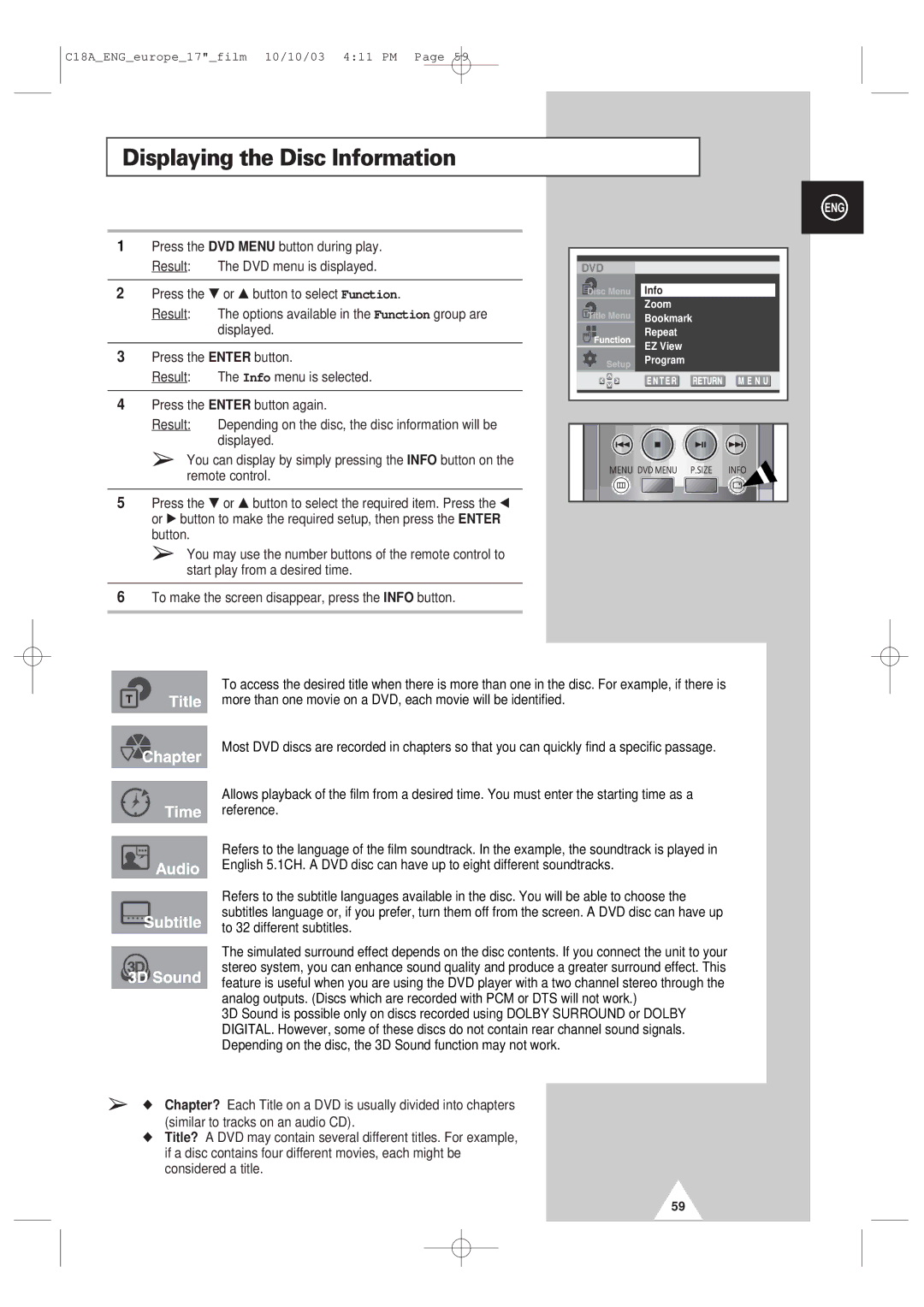 Samsung UW17J11VD5XXEU, UW17J11VD5XXEG, UW17J11VD5XXEC, UW17J11VD5XXEF manual Displaying the Disc Information 