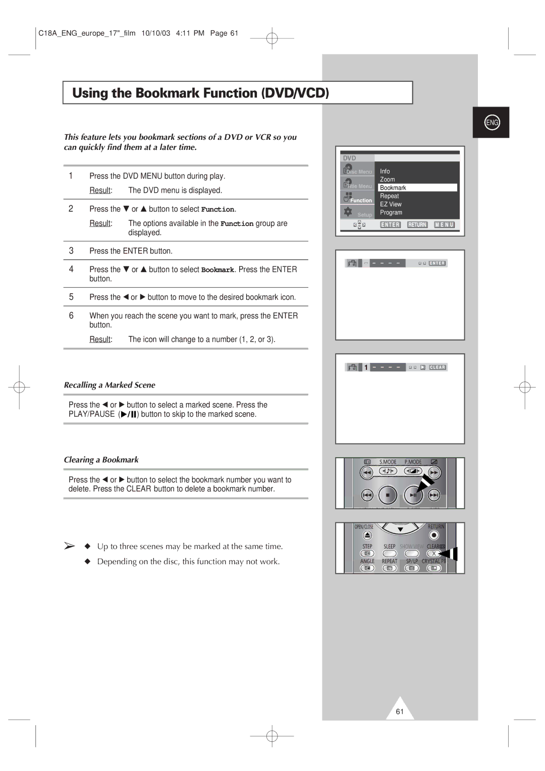 Samsung UW17J11VD5XXEC, UW17J11VD5XXEG Using the Bookmark Function DVD/VCD, Recalling a Marked Scene, Clearing a Bookmark 