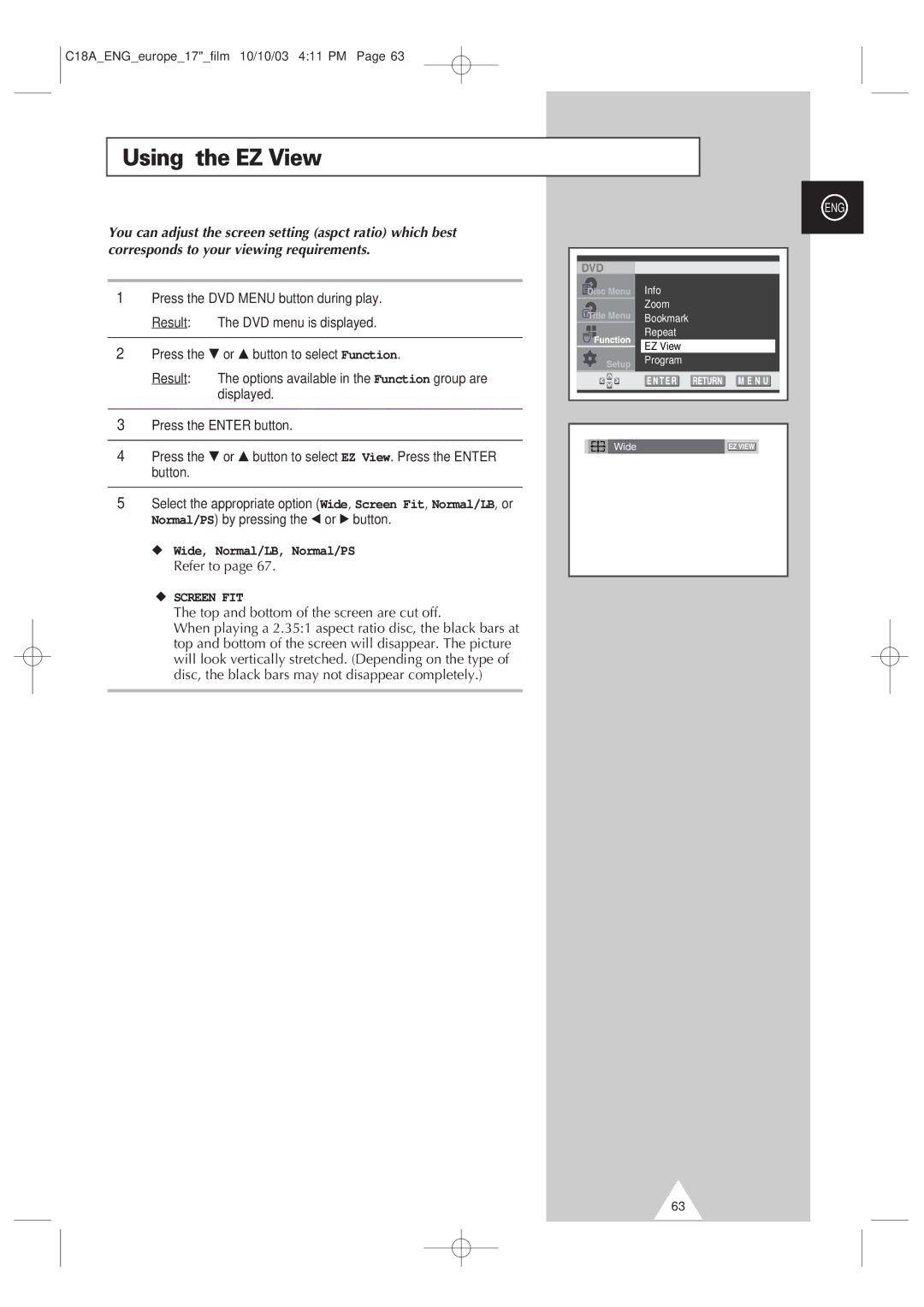 Samsung UW17J11VD5XXEU, UW17J11VD5XXEG, UW17J11VD5XXEC, UW17J11VD5XXEF manual Using the EZ View, Wide, Normal/LB, Normal/PS 