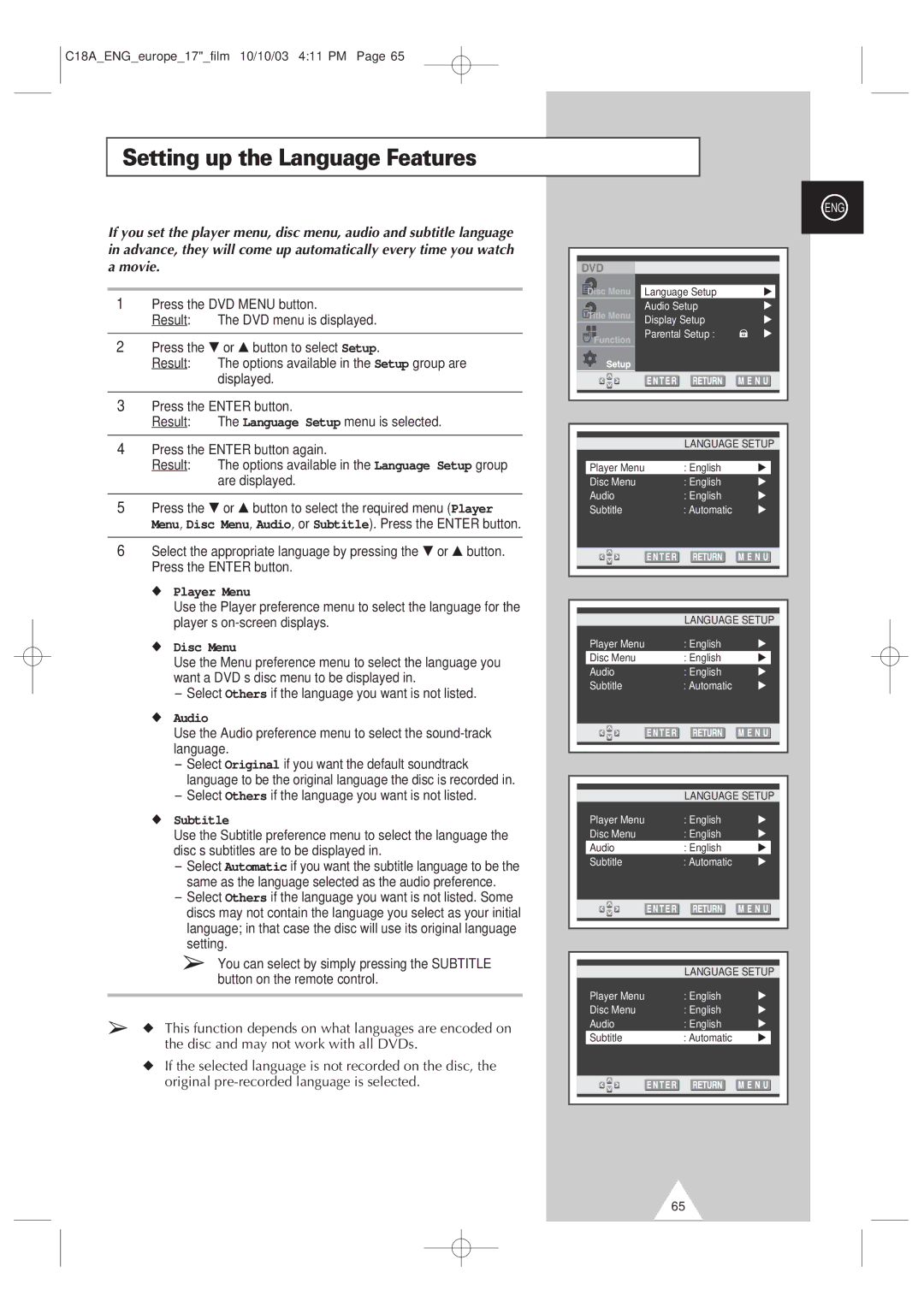 Samsung UW17J11VD5XXEC, UW17J11VD5XXEG manual Setting up the Language Features, Player Menu, Disc Menu, Audio, Subtitle 