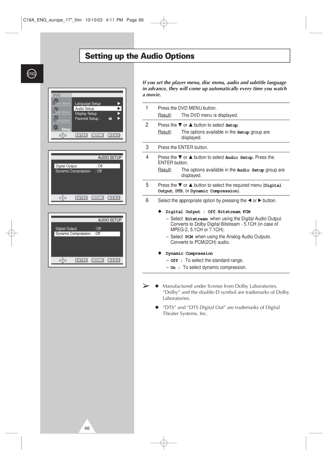 Samsung UW17J11VD5XXEF manual Setting up the Audio Options, Digital Output Off, Bitstream, PCM, Dynamic Compression 