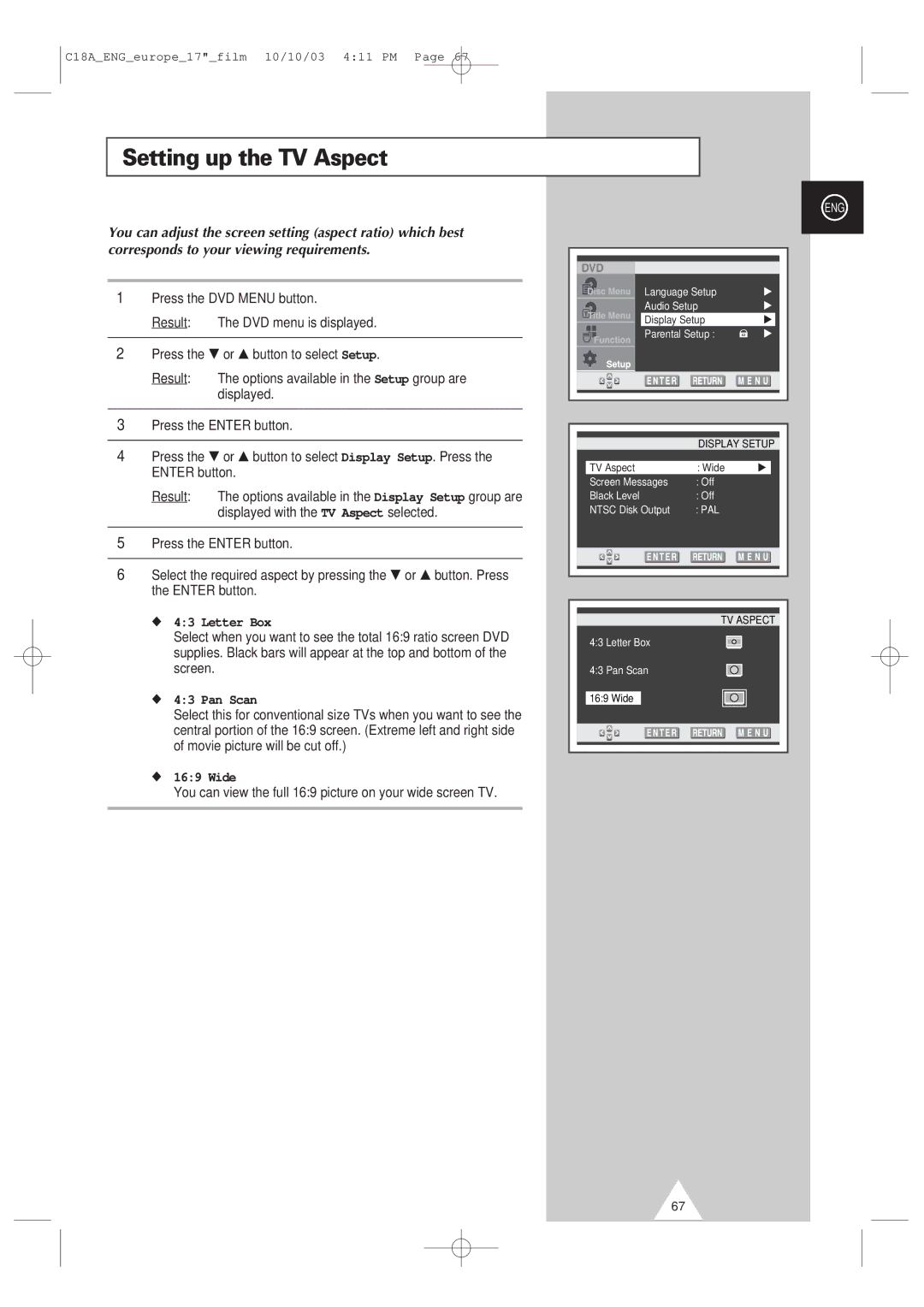 Samsung UW17J11VD5XXEU, UW17J11VD5XXEG, UW17J11VD5XXEC, UW17J11VD5XXEF Setting up the TV Aspect, Letter Box, Pan Scan, Wide 