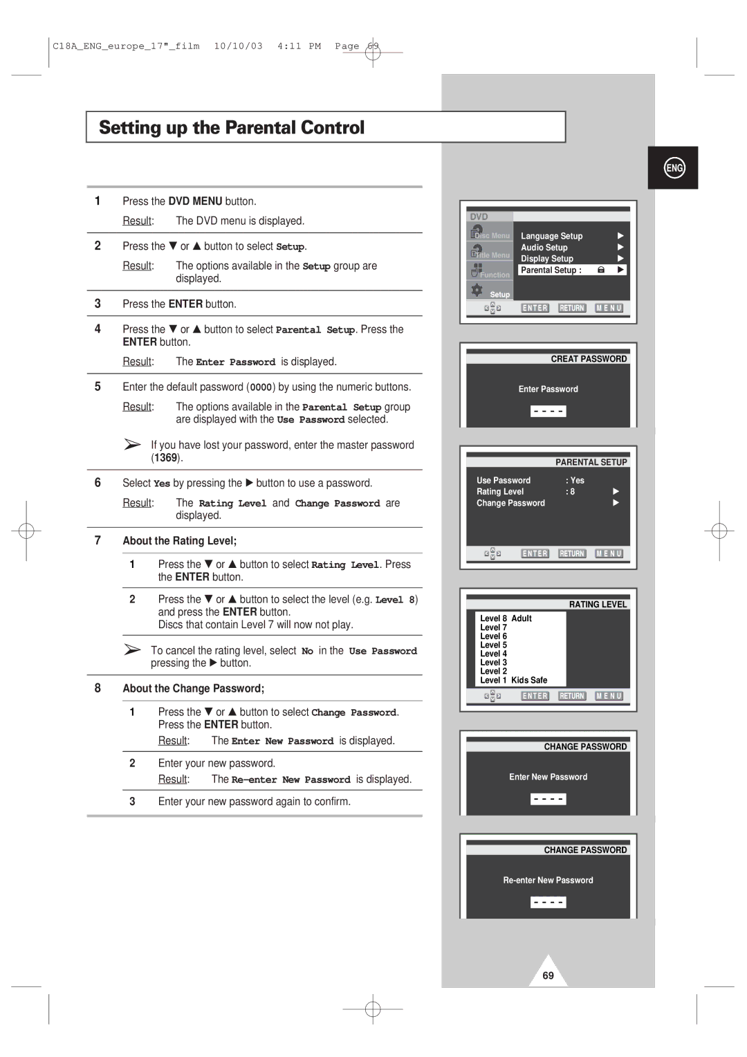 Samsung UW17J11VD5XXEC, UW17J11VD5XXEG Setting up the Parental Control, About the Rating Level, About the Change Password 