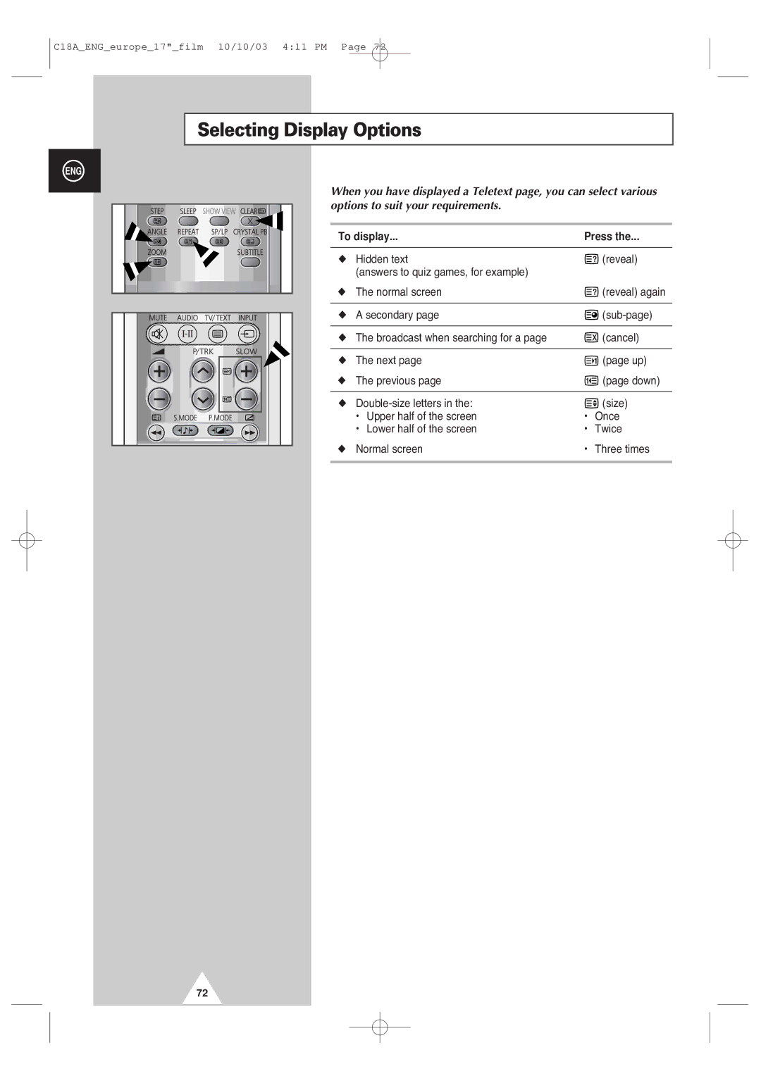 Samsung UW17J11VD5XXEG, UW17J11VD5XXEC, UW17J11VD5XXEF, UW17J11VD5XXEU manual Selecting Display Options, To display Press 