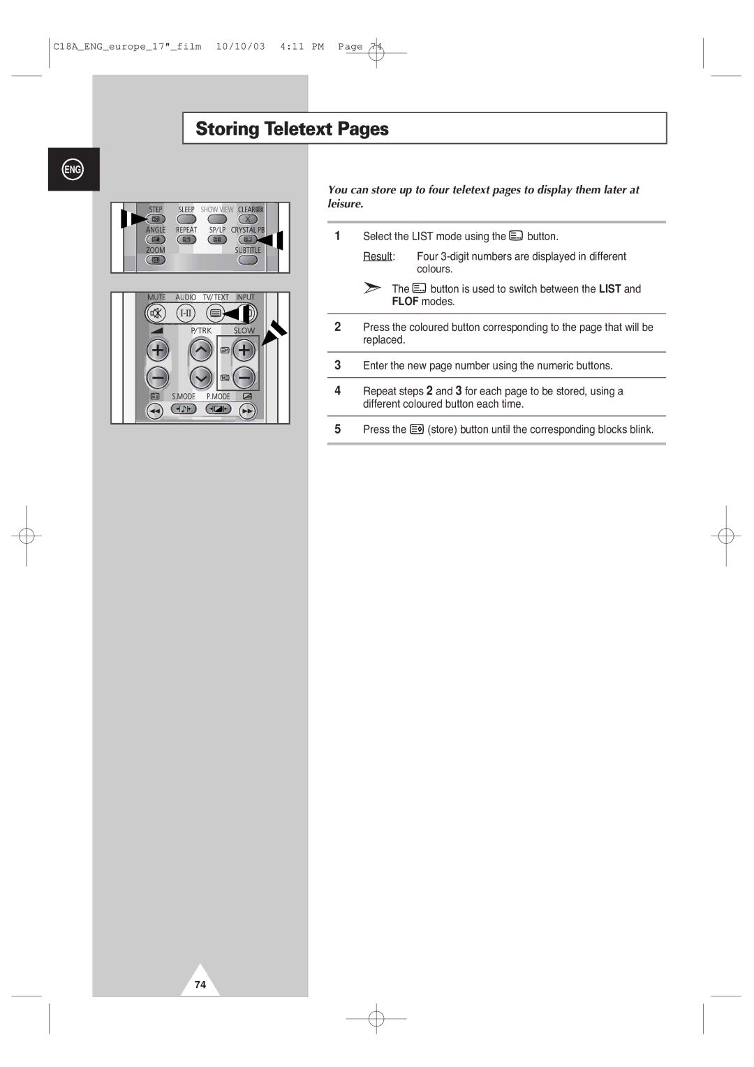 Samsung UW17J11VD5XXEF, UW17J11VD5XXEG, UW17J11VD5XXEC, UW17J11VD5XXEU manual Storing Teletext Pages 