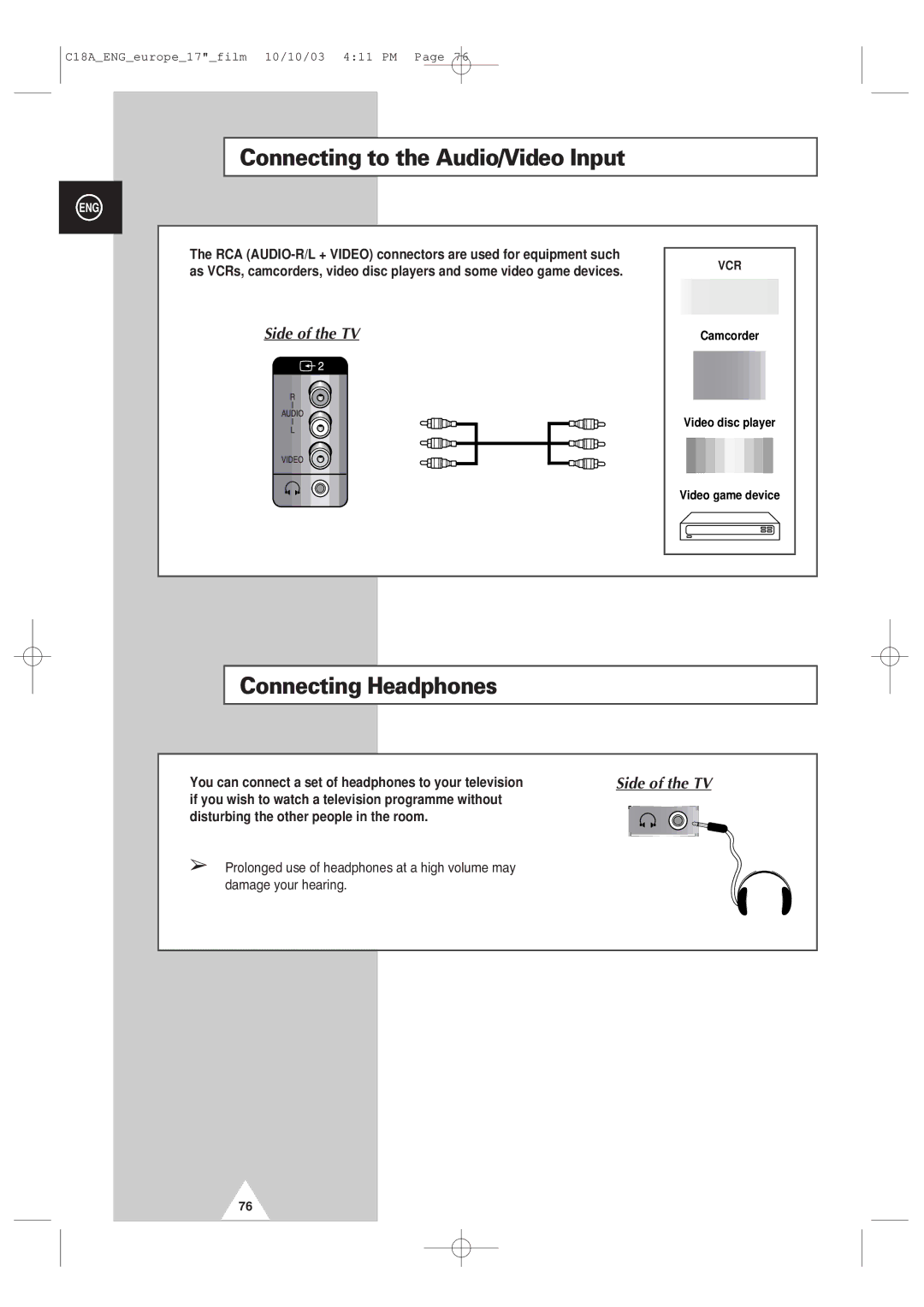 Samsung UW17J11VD5XXEG, UW17J11VD5XXEC manual Connecting to the Audio/Video Input, Connecting Headphones, Side of the TV 