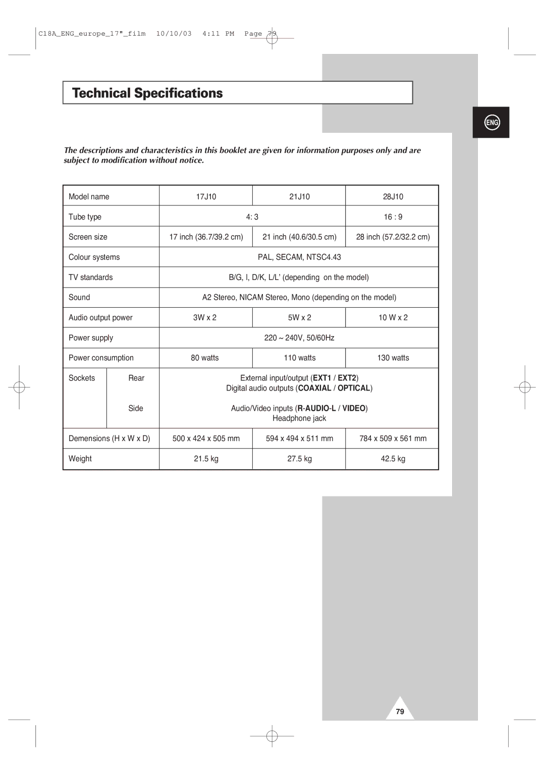 Samsung UW17J11VD5XXEU, UW17J11VD5XXEG, UW17J11VD5XXEC, UW17J11VD5XXEF manual Technical Specifications 