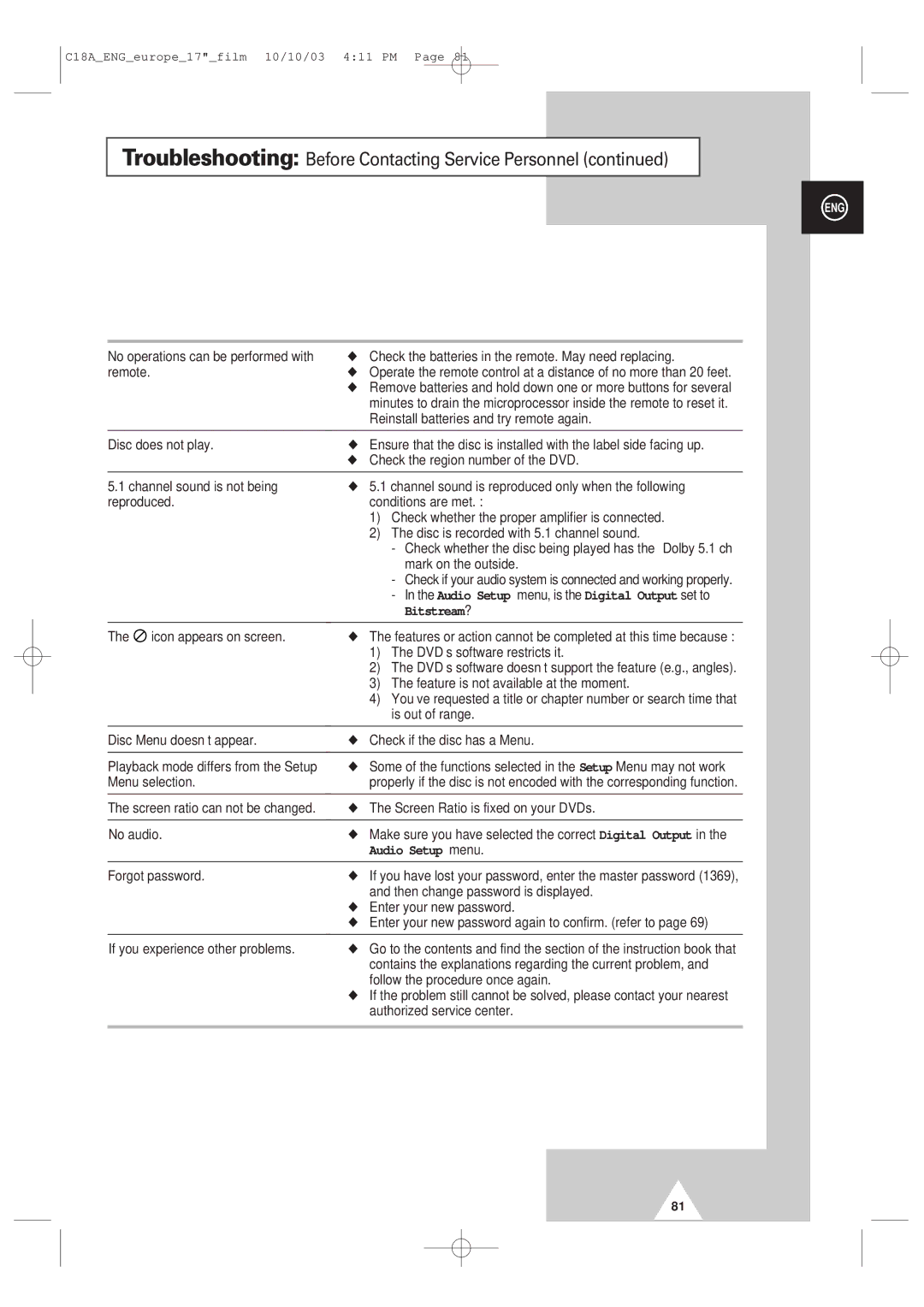 Samsung UW17J11VD5XXEC, UW17J11VD5XXEG, UW17J11VD5XXEF, UW17J11VD5XXEU manual Audio Setup menu 