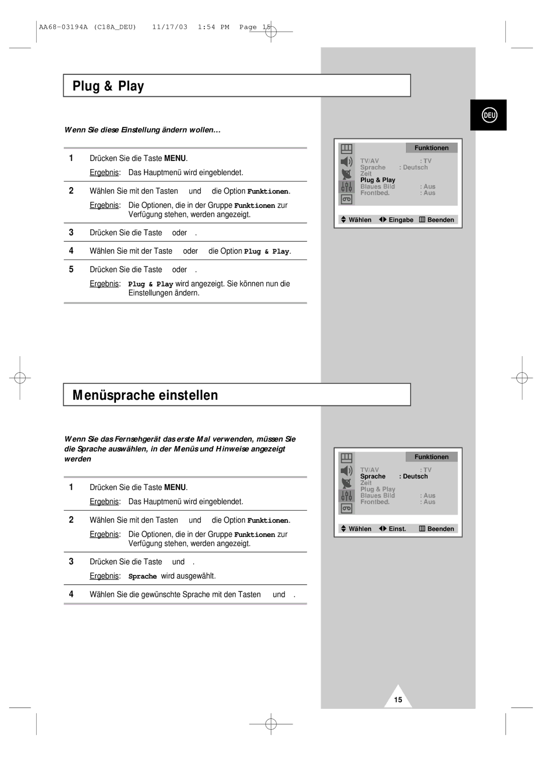 Samsung UW17J11VD5XXEU, UW17J11VD5XXEG, UW17J11VD5XXEC Menüsprache einstellen, Wenn Sie diese Einstellung ändern wollen… 