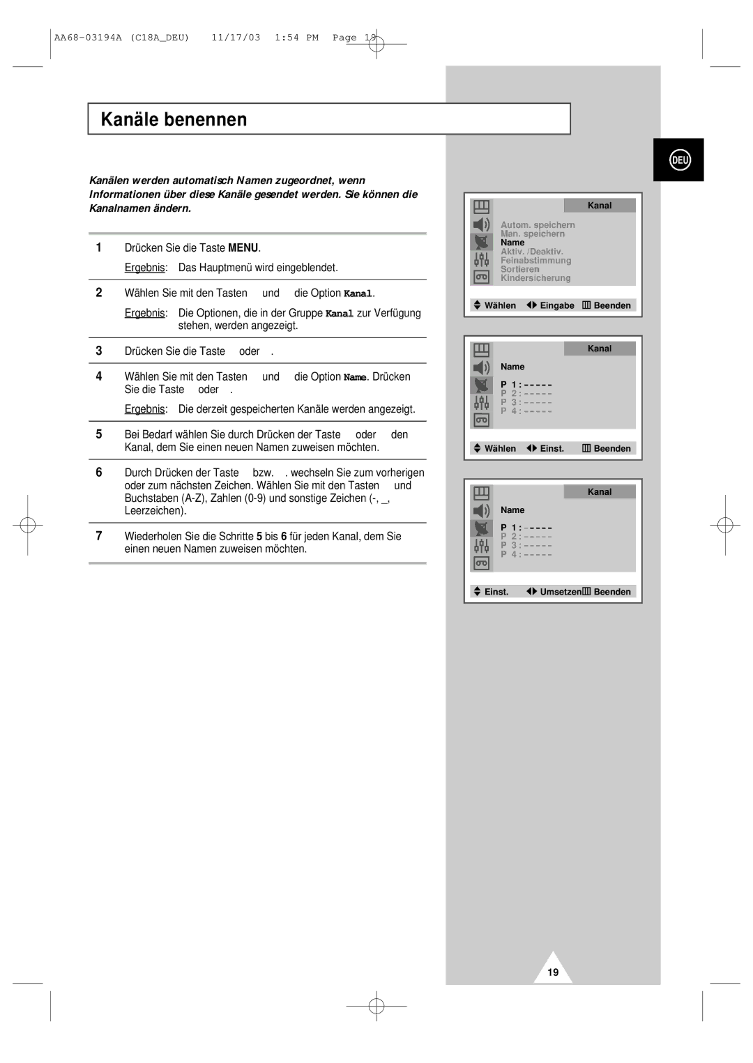 Samsung UW17J11VD5XXEU, UW17J11VD5XXEG, UW17J11VD5XXEC, UW17J11VD5XXEF manual Kanäle benennen 