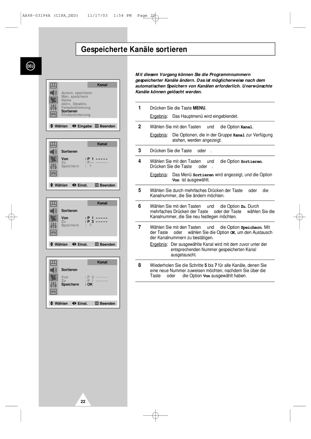 Samsung UW17J11VD5XXEF, UW17J11VD5XXEG, UW17J11VD5XXEC, UW17J11VD5XXEU manual Gespeicherte Kanäle sortieren 