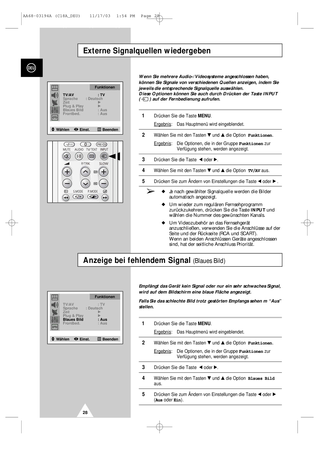 Samsung UW17J11VD5XXEG, UW17J11VD5XXEC manual Externe Signalquellen wiedergeben, Anzeige bei fehlendem Signal Blaues Bild 