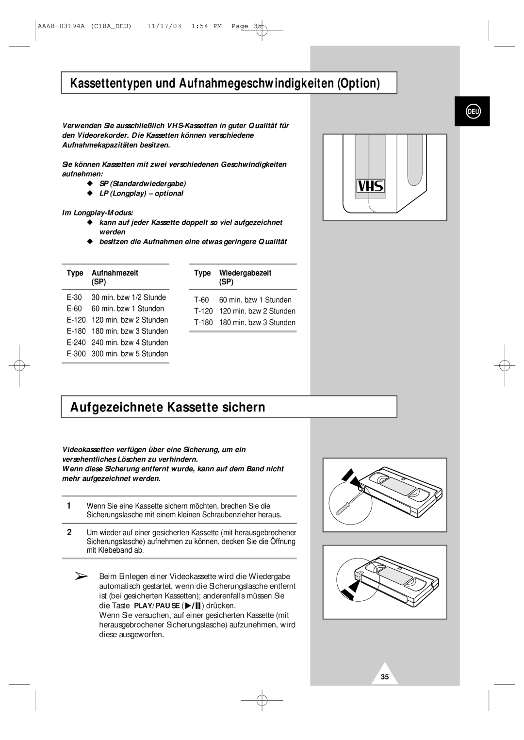 Samsung UW17J11VD5XXEU manual Kassettentypen und Aufnahmegeschwindigkeiten Option, Aufgezeichnete Kassette sichern 