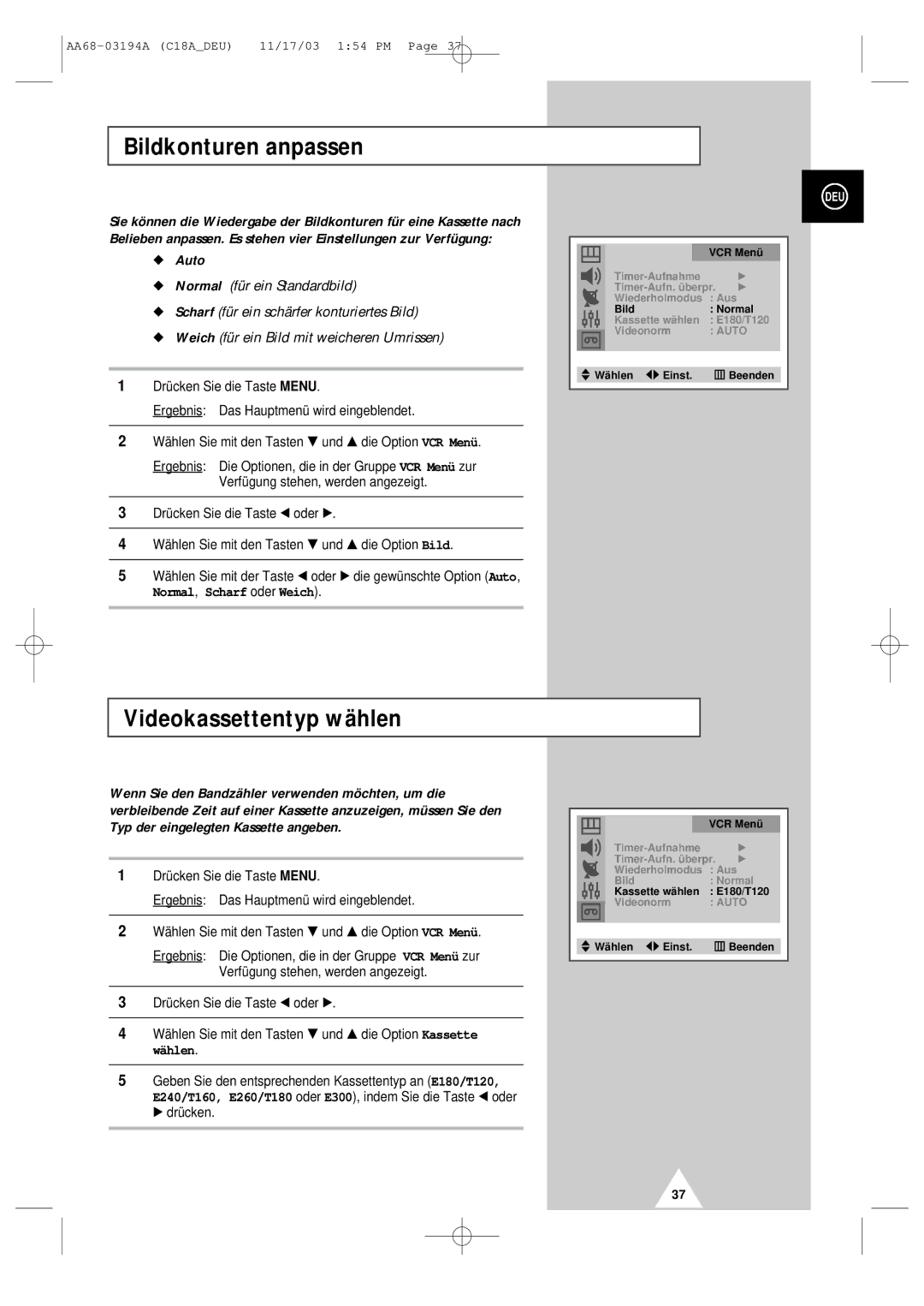 Samsung UW17J11VD5XXEC, UW17J11VD5XXEG Bildkonturen anpassen, Videokassettentyp wählen, Auto, Normal, Scharf oder Weich 