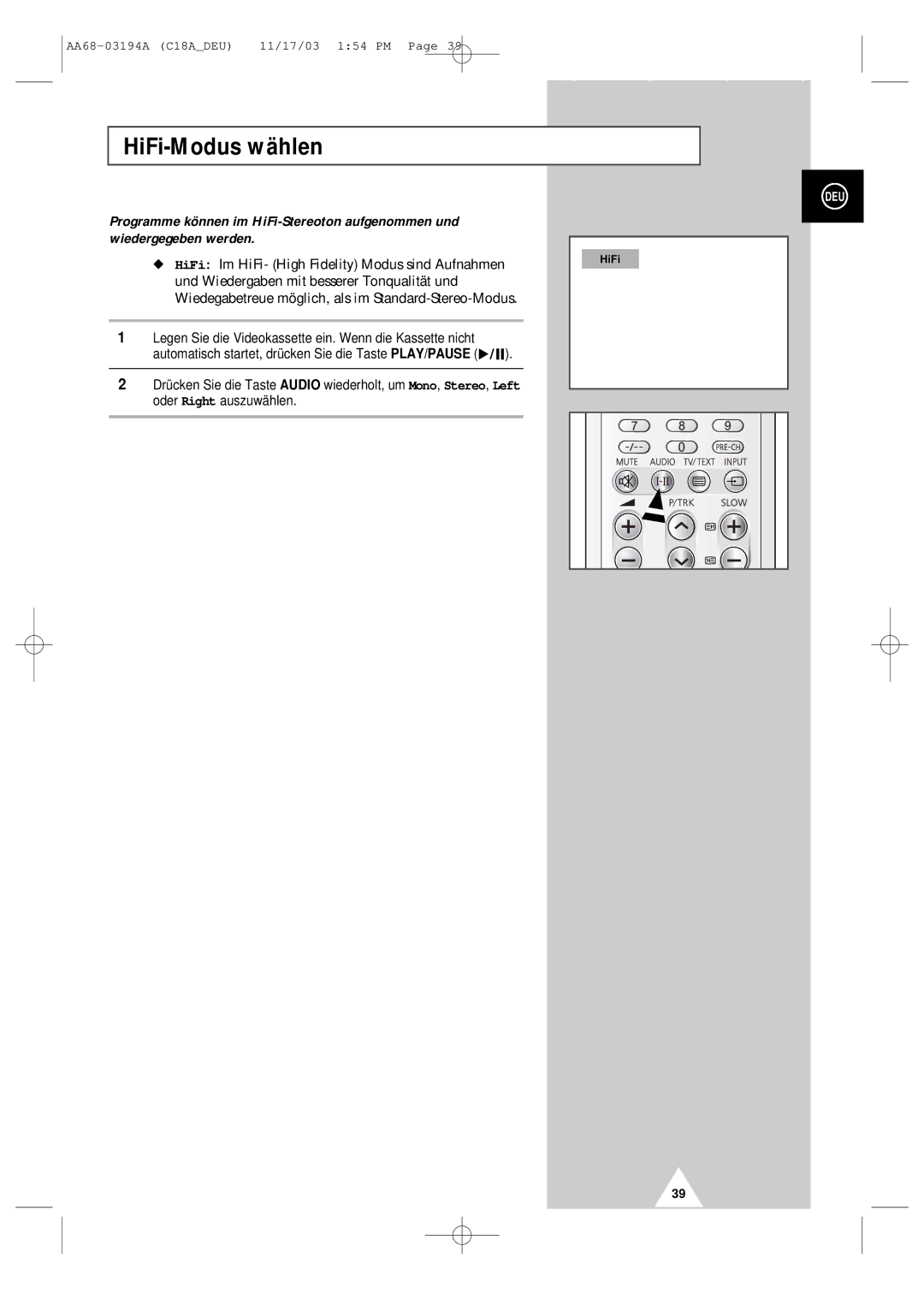 Samsung UW17J11VD5XXEU, UW17J11VD5XXEG, UW17J11VD5XXEC, UW17J11VD5XXEF manual HiFi-Modus wählen 