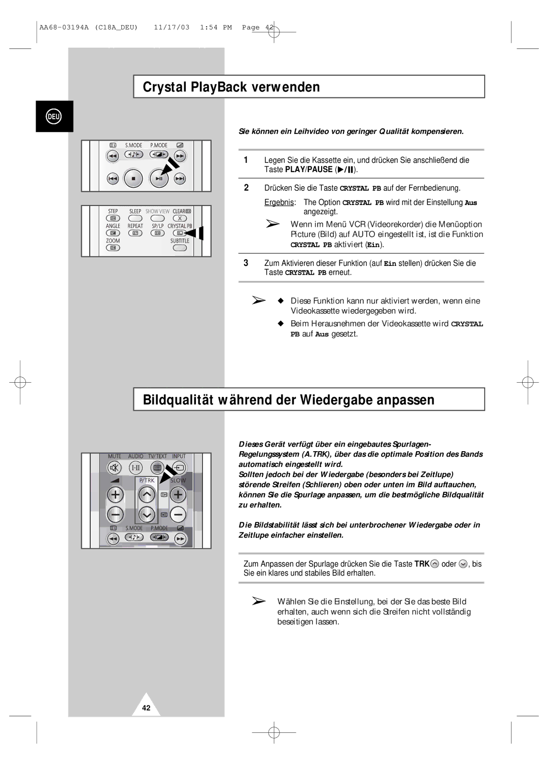 Samsung UW17J11VD5XXEF, UW17J11VD5XXEG manual Crystal PlayBack verwenden, Bildqualität während der Wiedergabe anpassen 