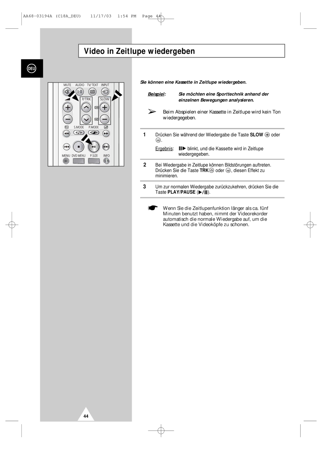 Samsung UW17J11VD5XXEG, UW17J11VD5XXEC, UW17J11VD5XXEF, UW17J11VD5XXEU manual Video in Zeitlupe wiedergeben 