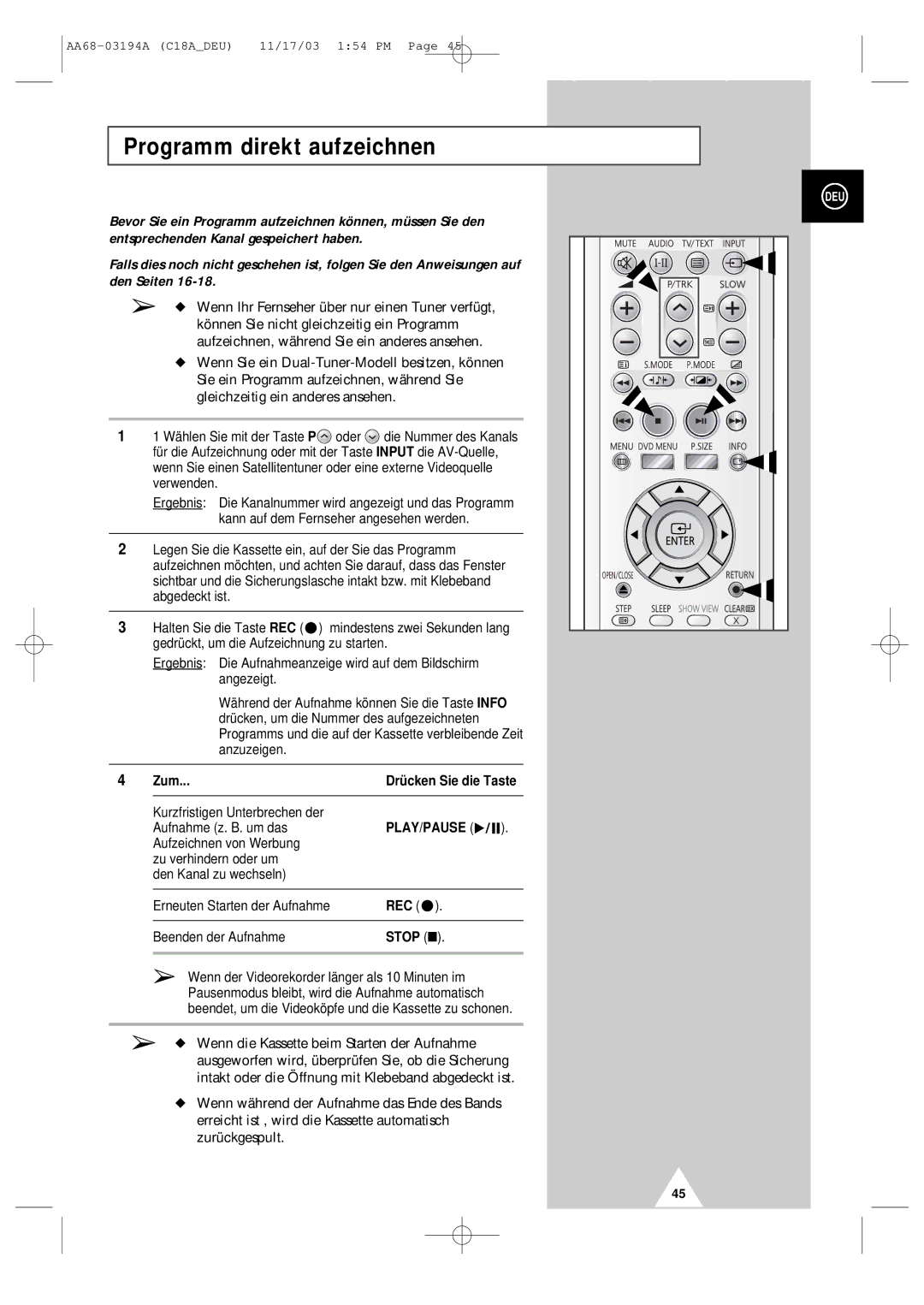 Samsung UW17J11VD5XXEC, UW17J11VD5XXEG, UW17J11VD5XXEF, UW17J11VD5XXEU manual Programm direkt aufzeichnen, Zum, Rec, Stop 