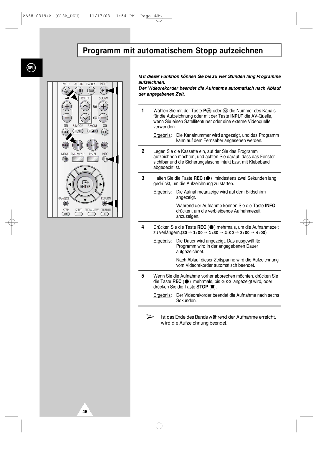 Samsung UW17J11VD5XXEF, UW17J11VD5XXEG, UW17J11VD5XXEC, UW17J11VD5XXEU manual Programm mit automatischem Stopp aufzeichnen 