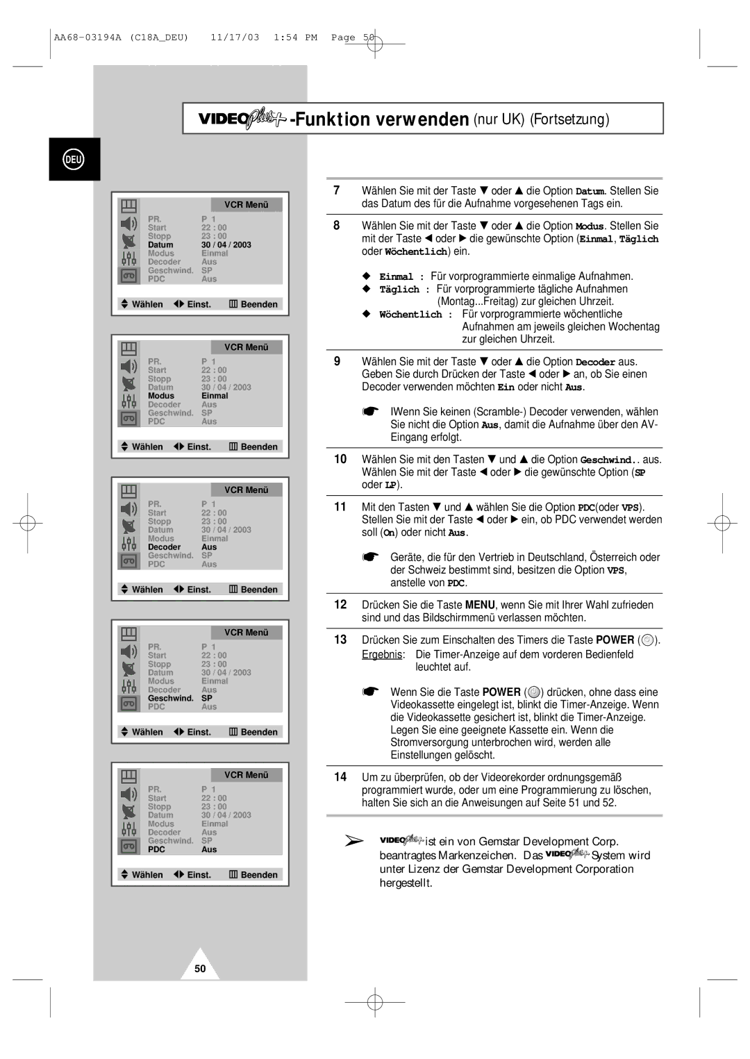 Samsung UW17J11VD5XXEF, UW17J11VD5XXEG, UW17J11VD5XXEC, UW17J11VD5XXEU manual TM-Funktion verwenden nur UK Fortsetzung 