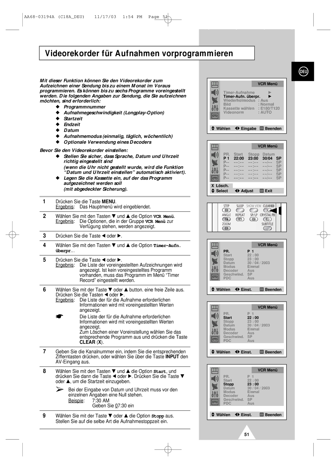 Samsung UW17J11VD5XXEU, UW17J11VD5XXEG, UW17J11VD5XXEC, UW17J11VD5XXEF manual Videorekorder für Aufnahmen vorprogrammieren 