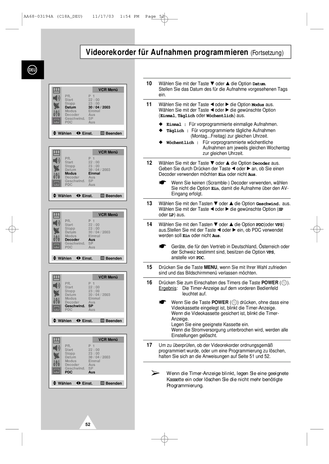 Samsung UW17J11VD5XXEG, UW17J11VD5XXEC, UW17J11VD5XXEF, UW17J11VD5XXEU Videorekorder für Aufnahmen programmieren Fortsetzung 