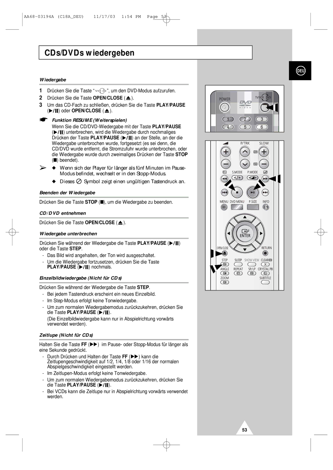 Samsung UW17J11VD5XXEC, UW17J11VD5XXEG, UW17J11VD5XXEF, UW17J11VD5XXEU manual CDs/DVDs wiedergeben 