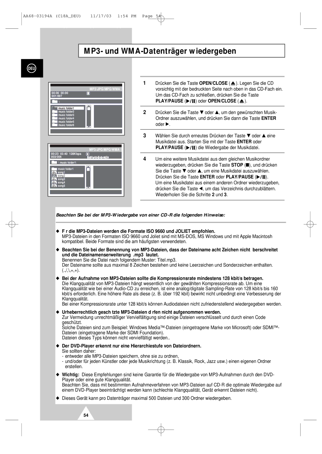 Samsung UW17J11VD5XXEF, UW17J11VD5XXEG, UW17J11VD5XXEC MP3- und WMA-Datenträger wiedergeben, PLAY/PAUSE oder OPEN/CLOSE 