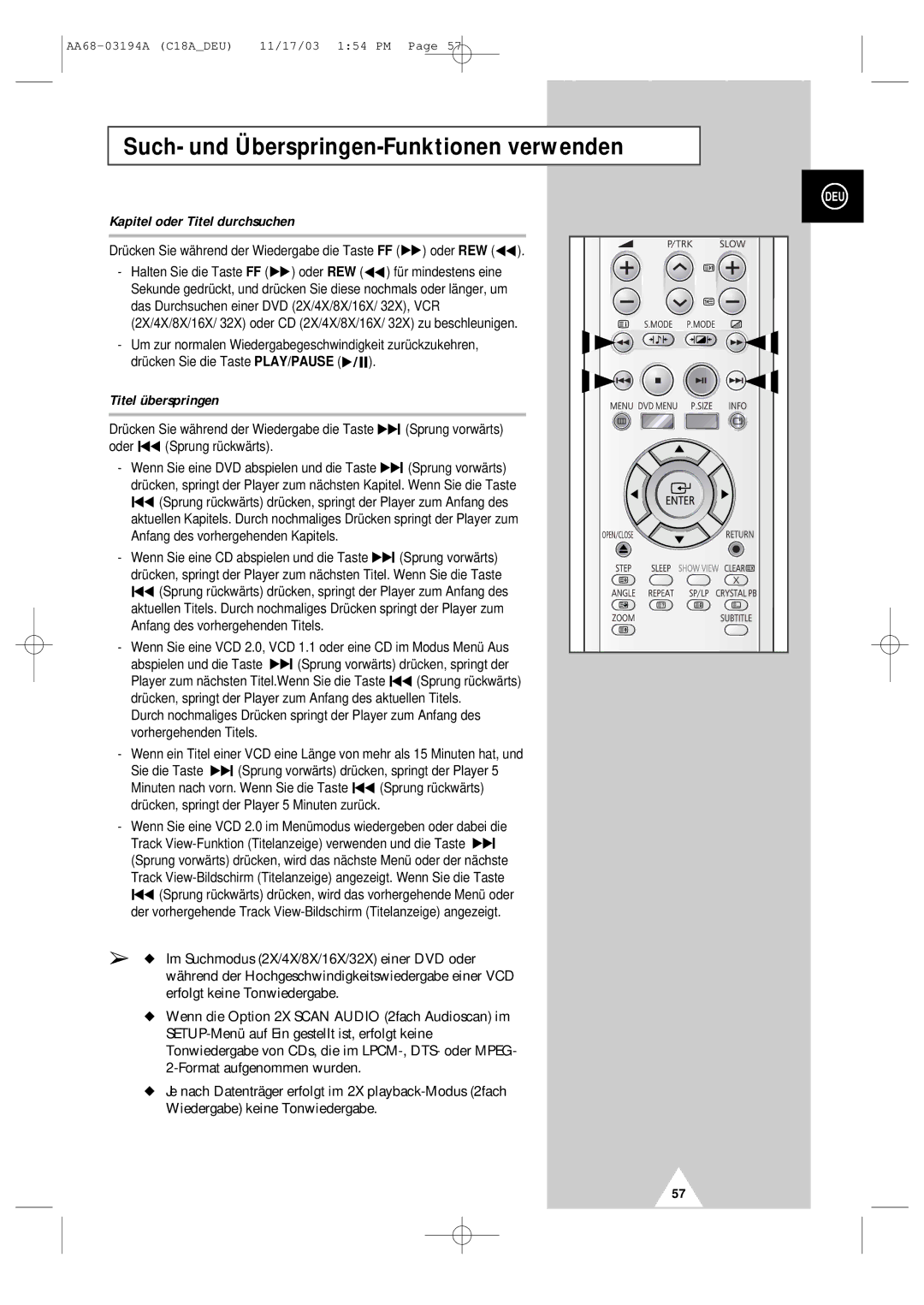 Samsung UW17J11VD5XXEC Such- und Überspringen-Funktionen verwenden, Kapitel oder Titel durchsuchen, Titel überspringen 