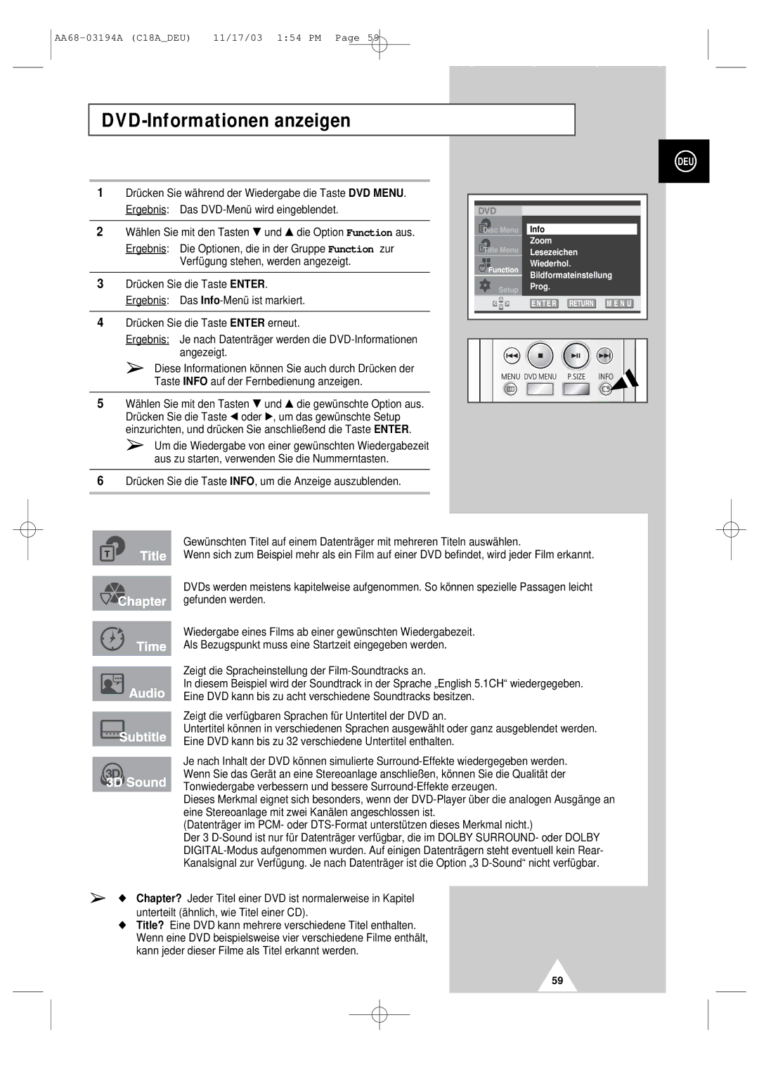 Samsung UW17J11VD5XXEU manual DVD-Informationen anzeigen, Zeigt die verfügbaren Sprachen für Untertitel der DVD an 