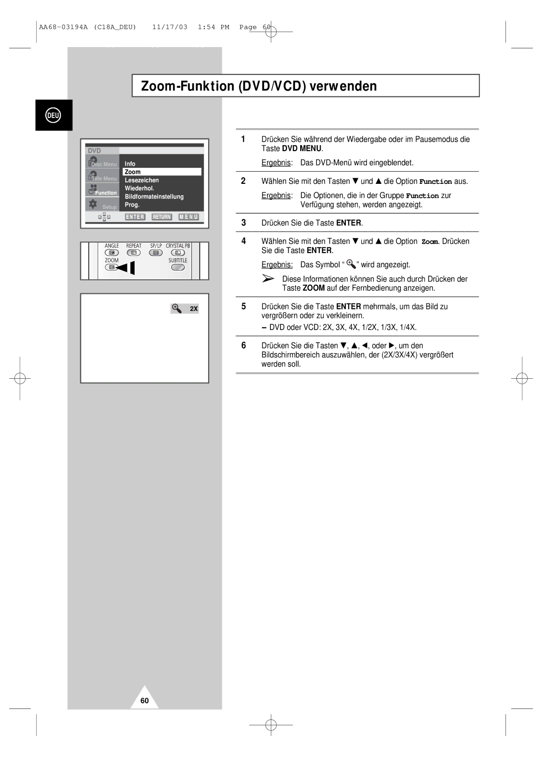 Samsung UW17J11VD5XXEG, UW17J11VD5XXEC, UW17J11VD5XXEF, UW17J11VD5XXEU manual Zoom-Funktion DVD/VCD verwenden 