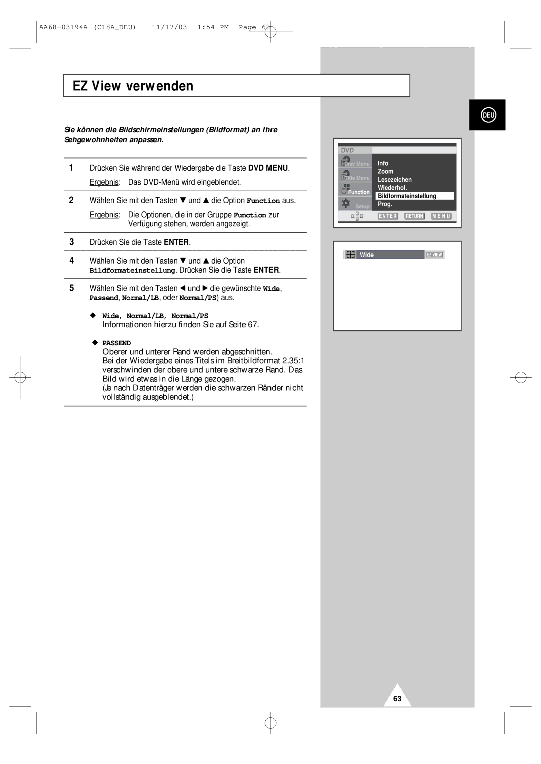 Samsung UW17J11VD5XXEU, UW17J11VD5XXEG, UW17J11VD5XXEC, UW17J11VD5XXEF manual EZ View verwenden, Passend 