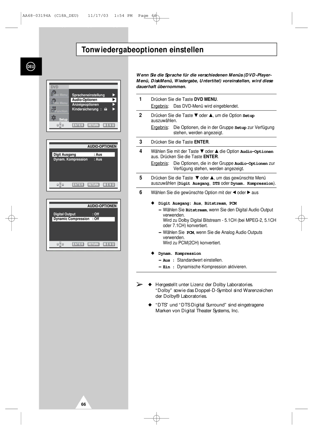 Samsung UW17J11VD5XXEF manual Tonwiedergabeoptionen einstellen, Auszuwählen Digit Ausgang, DTS oder Dynam. Kompression 