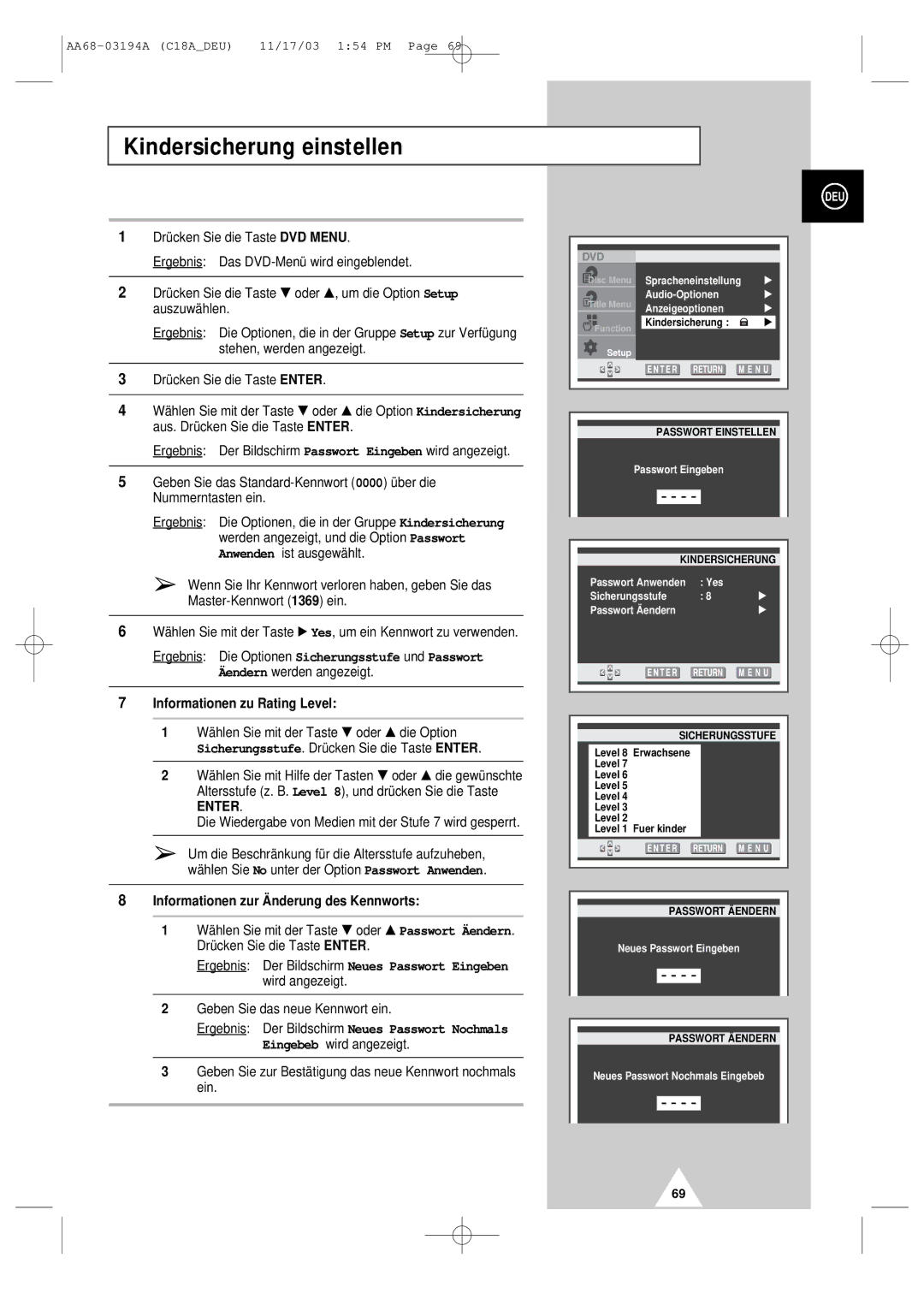 Samsung UW17J11VD5XXEC Kindersicherung einstellen, Informationen zu Rating Level, Informationen zur Änderung des Kennworts 